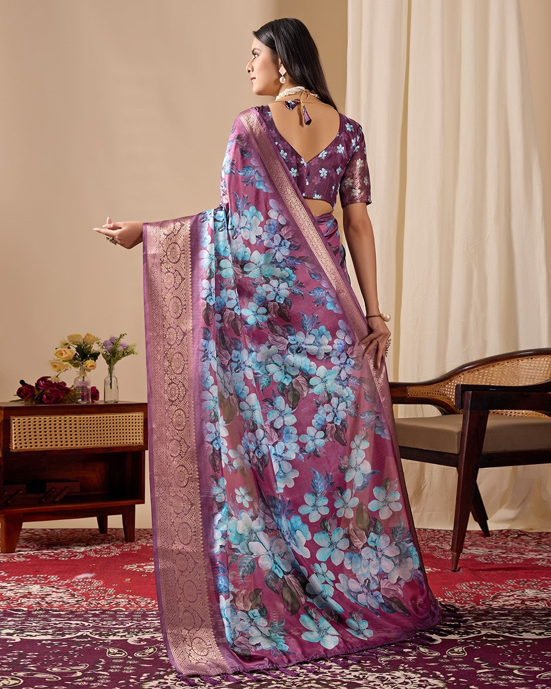 Purple Soft Lichi Silk Saree With Digital Printed Premium Festive Saree