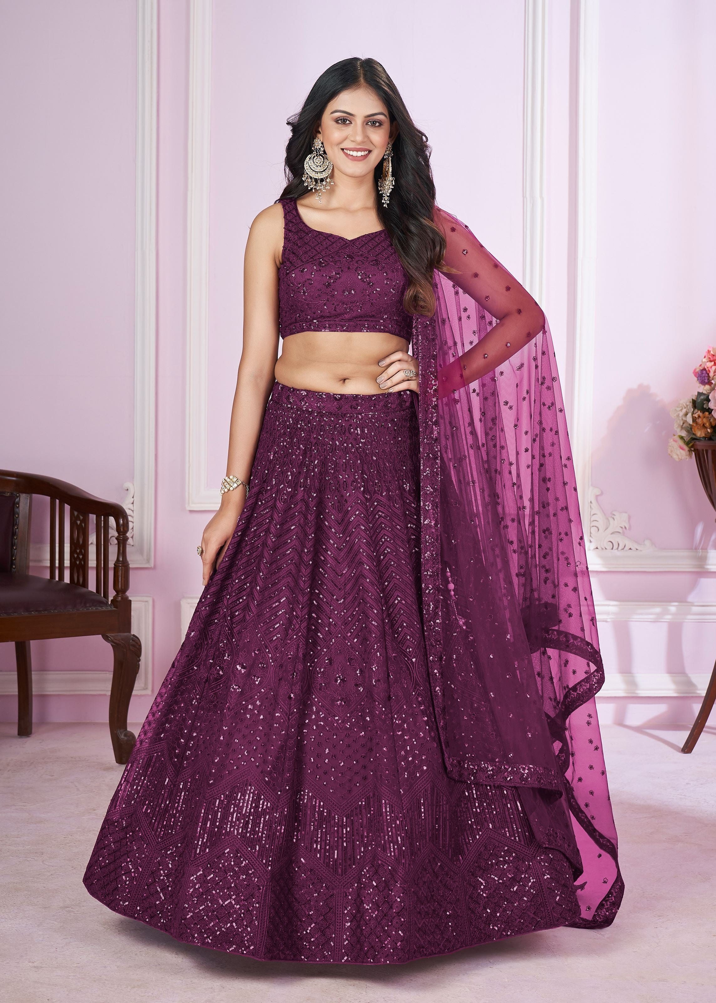 Purple Soft Net Lehenga Choli With Sequins, Thread Embroidery Work