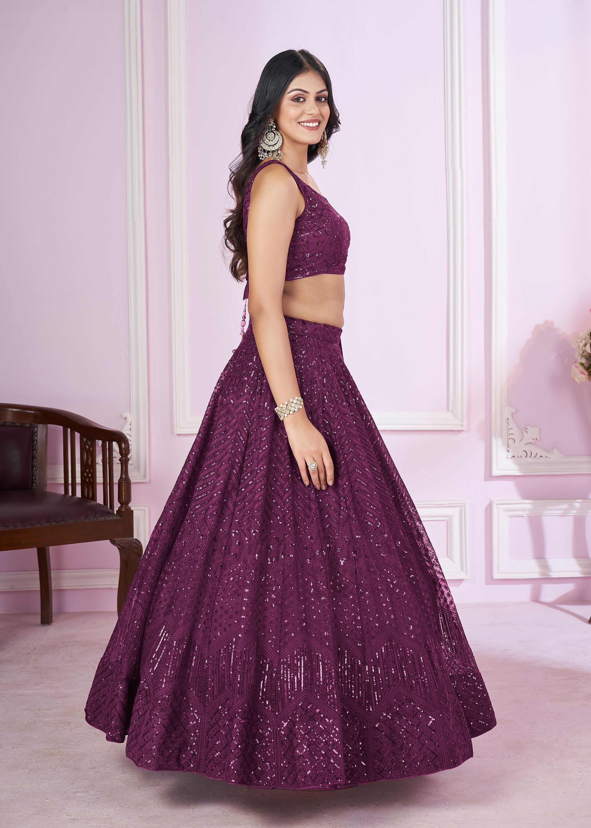 Purple Soft Net Lehenga Choli With Sequins, Thread Embroidery Work