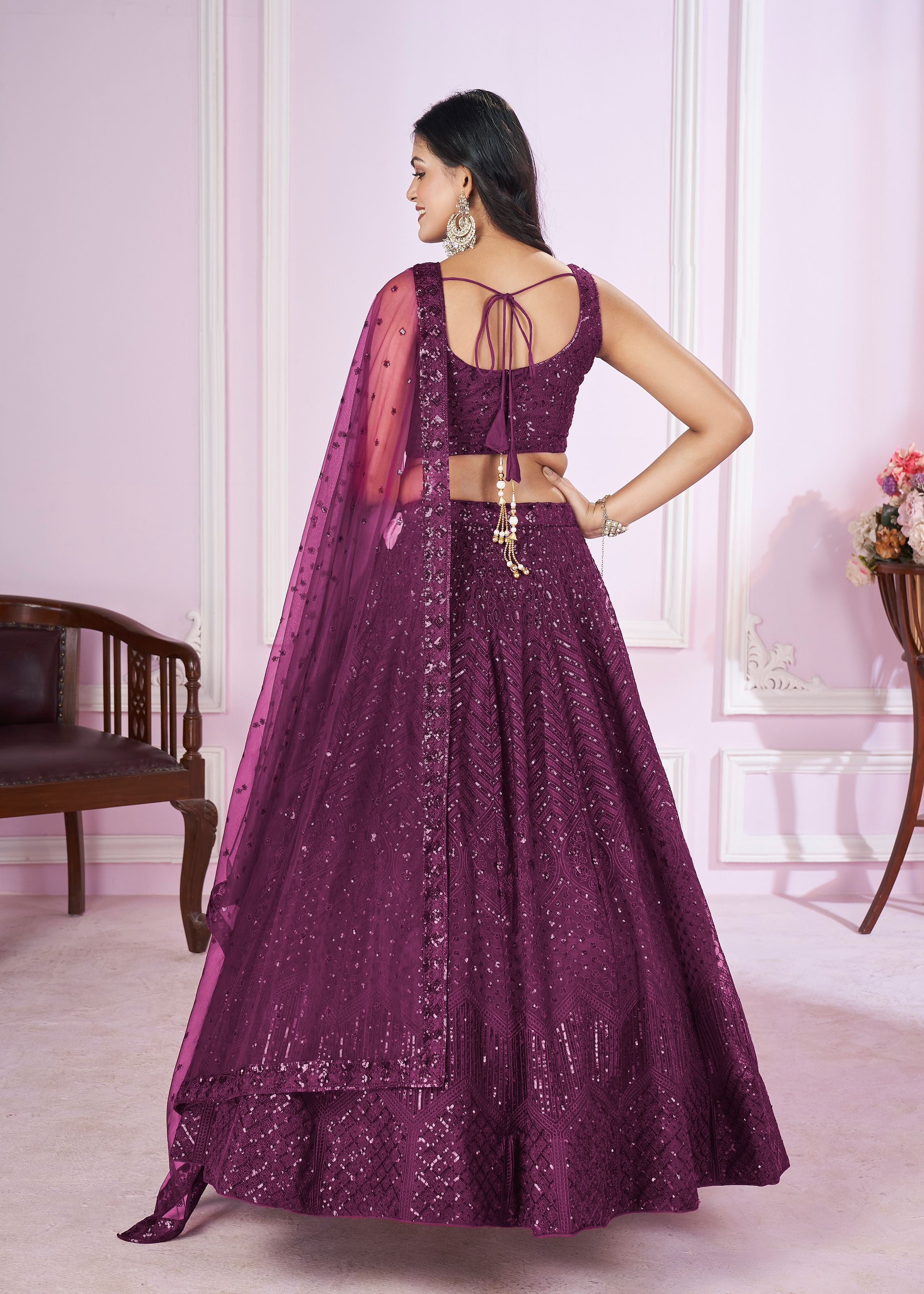 Purple Soft Net Lehenga Choli With Sequins, Thread Embroidery Work