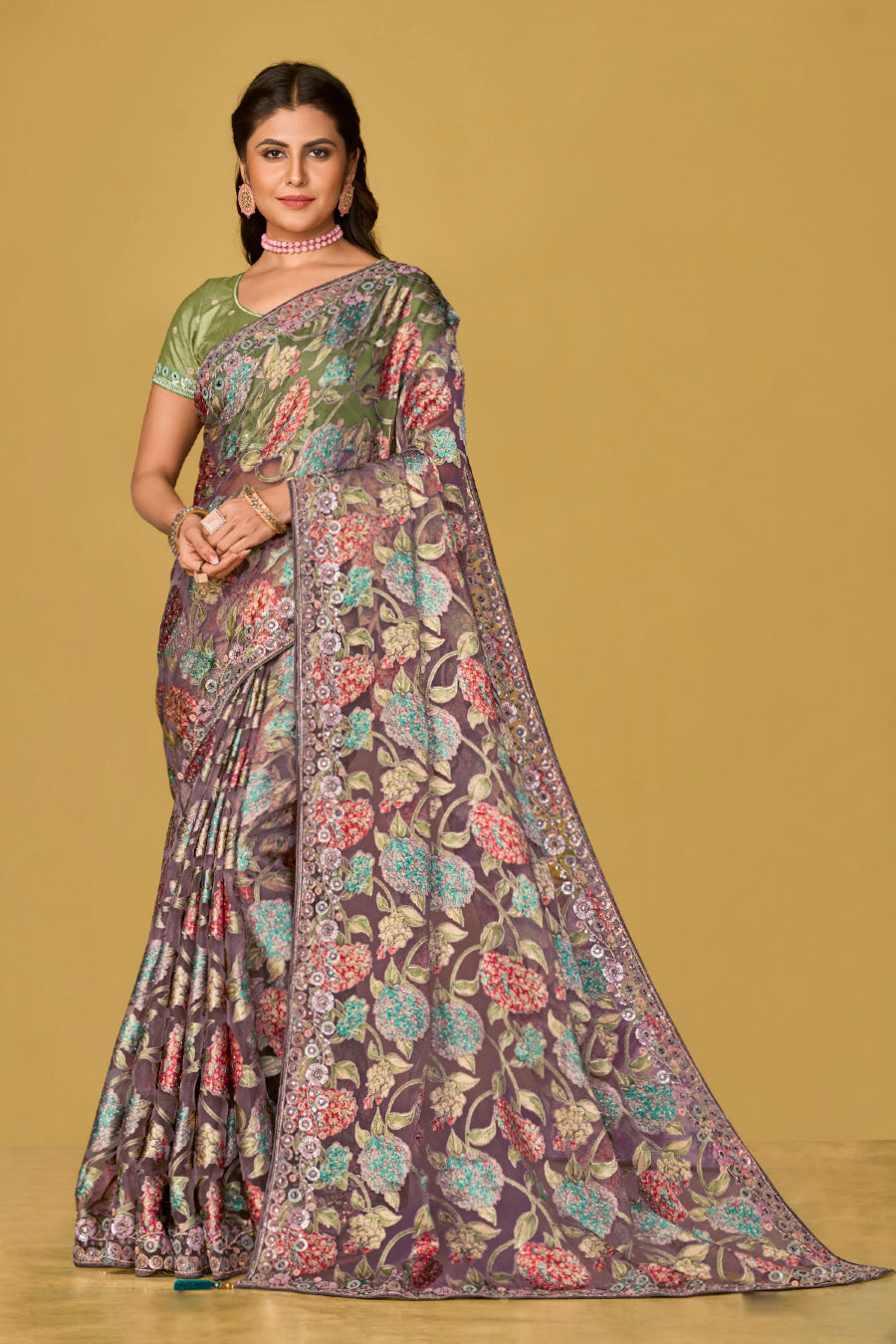 Purple Soft Organza Brasso Saree With  Printed Saree With Piping, Embroidery Sequins Work