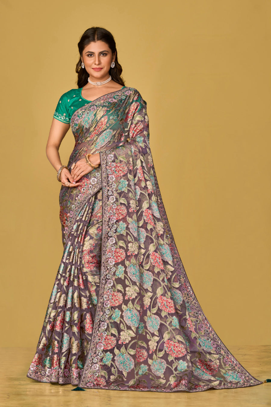 Purple Soft Organza Brasso Saree With  Printed Saree With Piping, Embroidery Sequins Work
