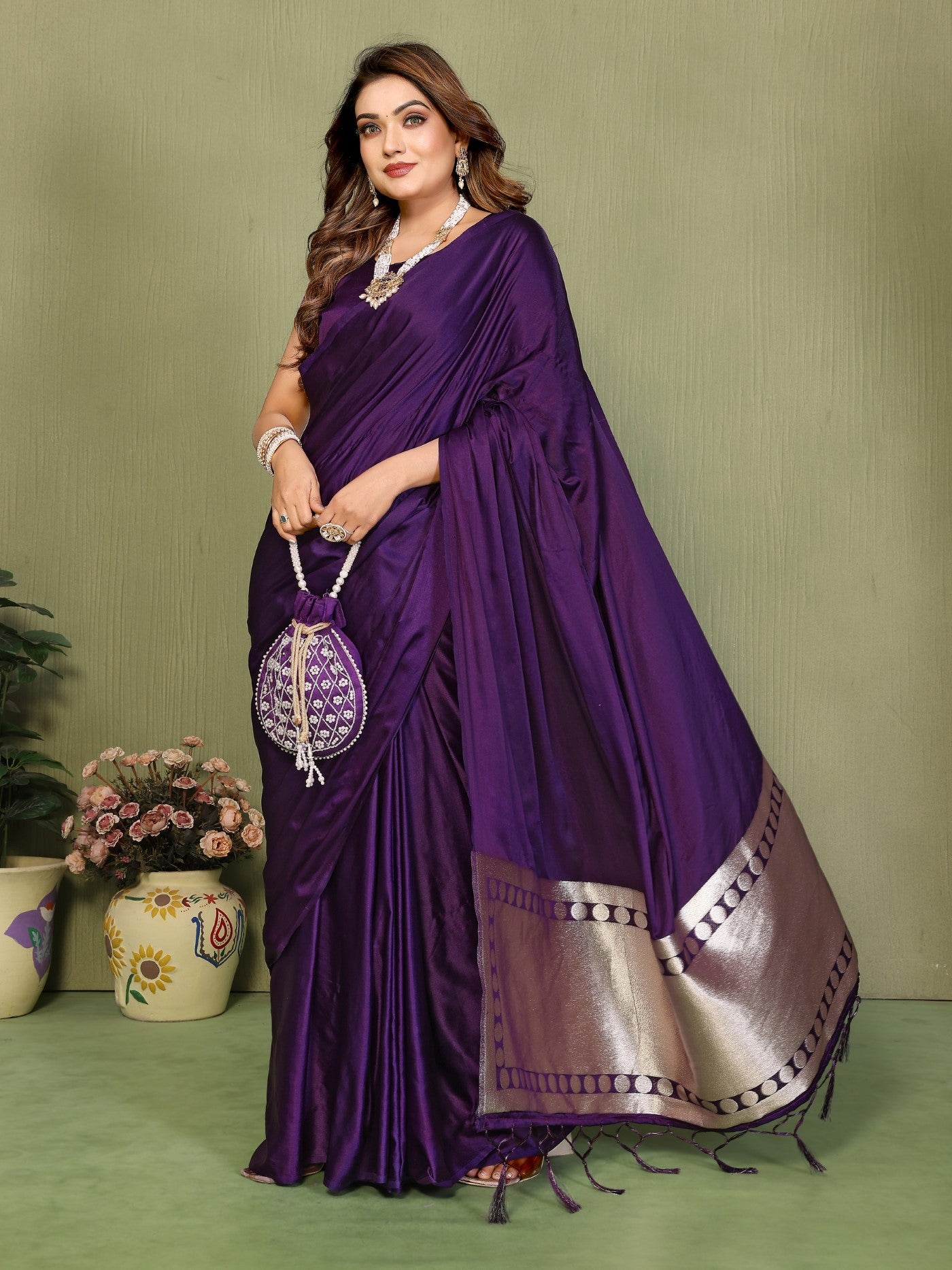 Purple Soft Satin Silk Saree With Elegant Zari Weaving