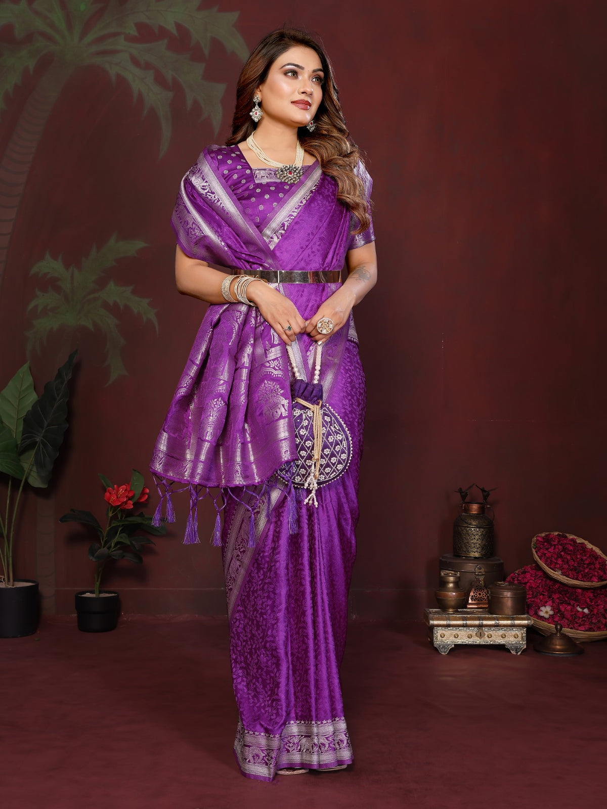 Purple Soft Satin Silk Saree With Traditional Zari Weaving