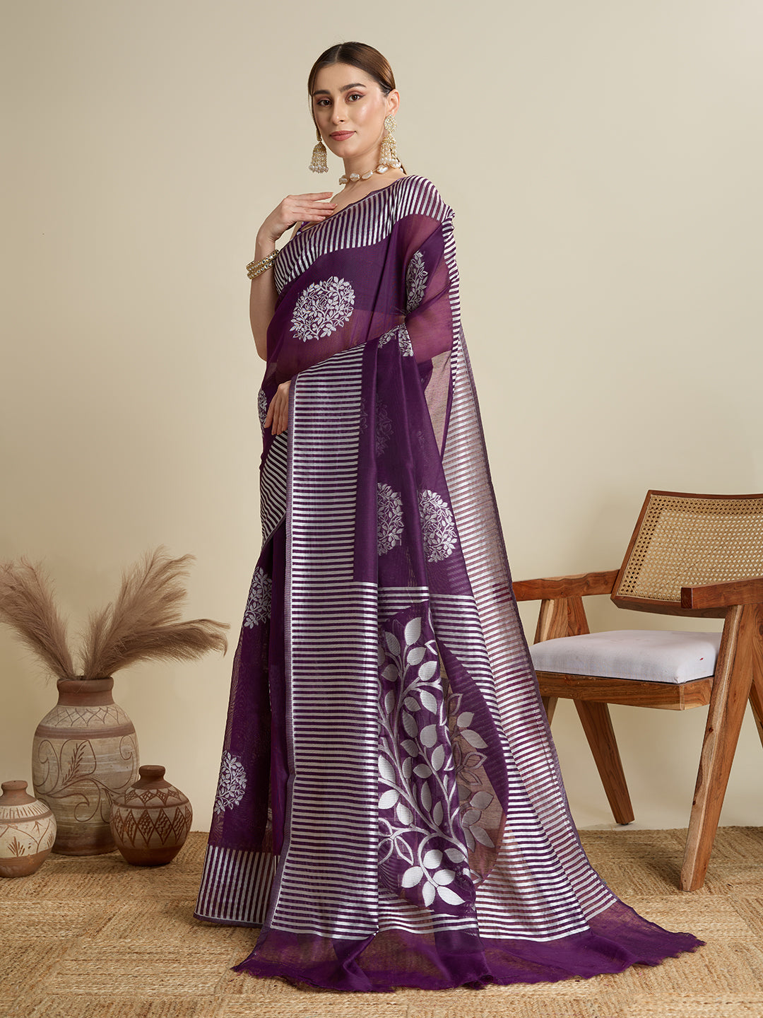 Purple Soft Silk Woven Flower Designer Stylish Partywear Saree