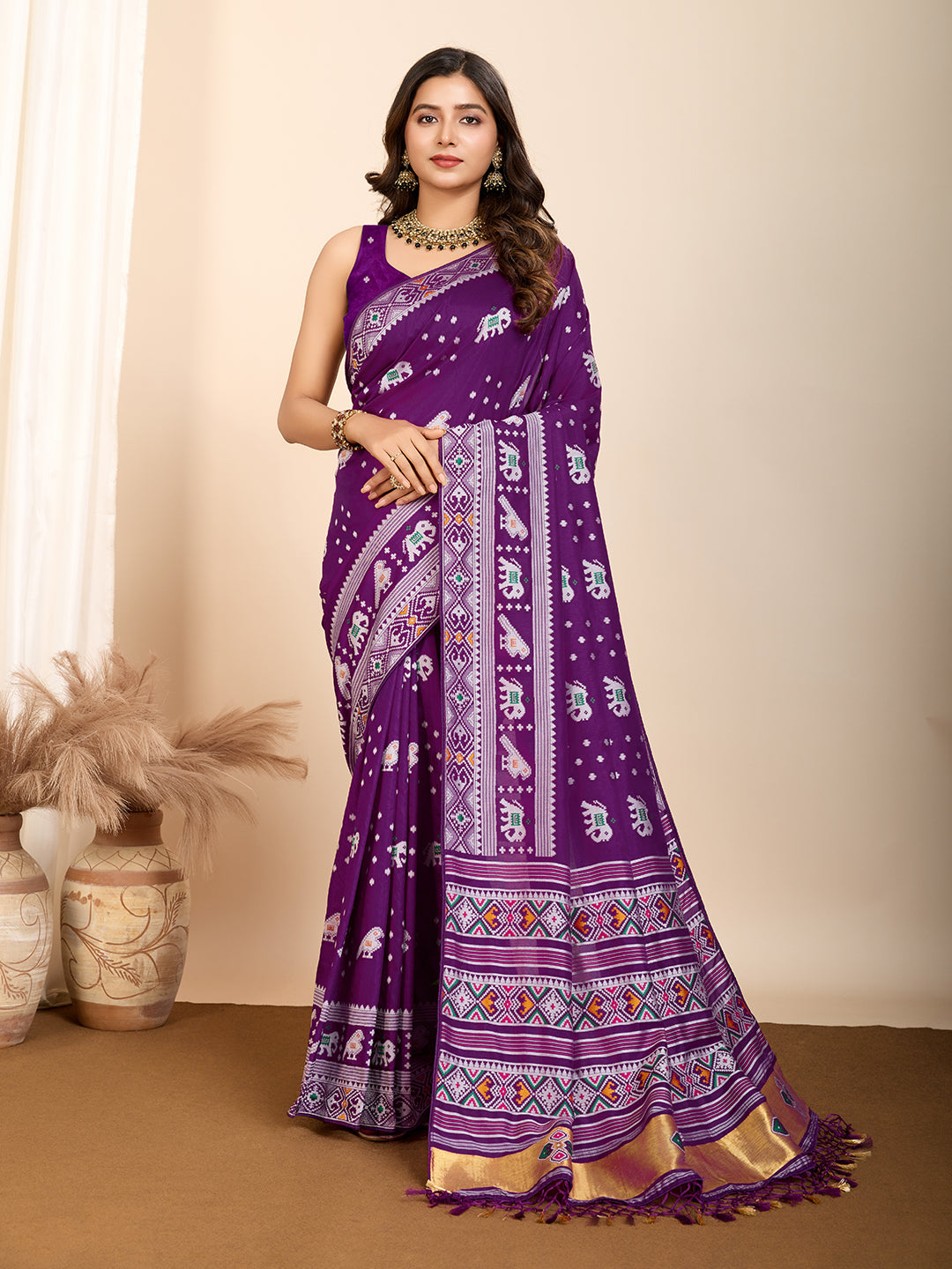 Purple Soft Silk Woven Meenakari Designer Ceremonial Saree
