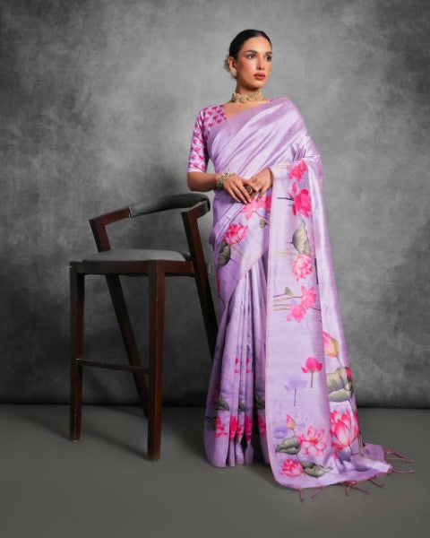 Purple Soft Tussar Silk Saree with Print and Small Zari Border