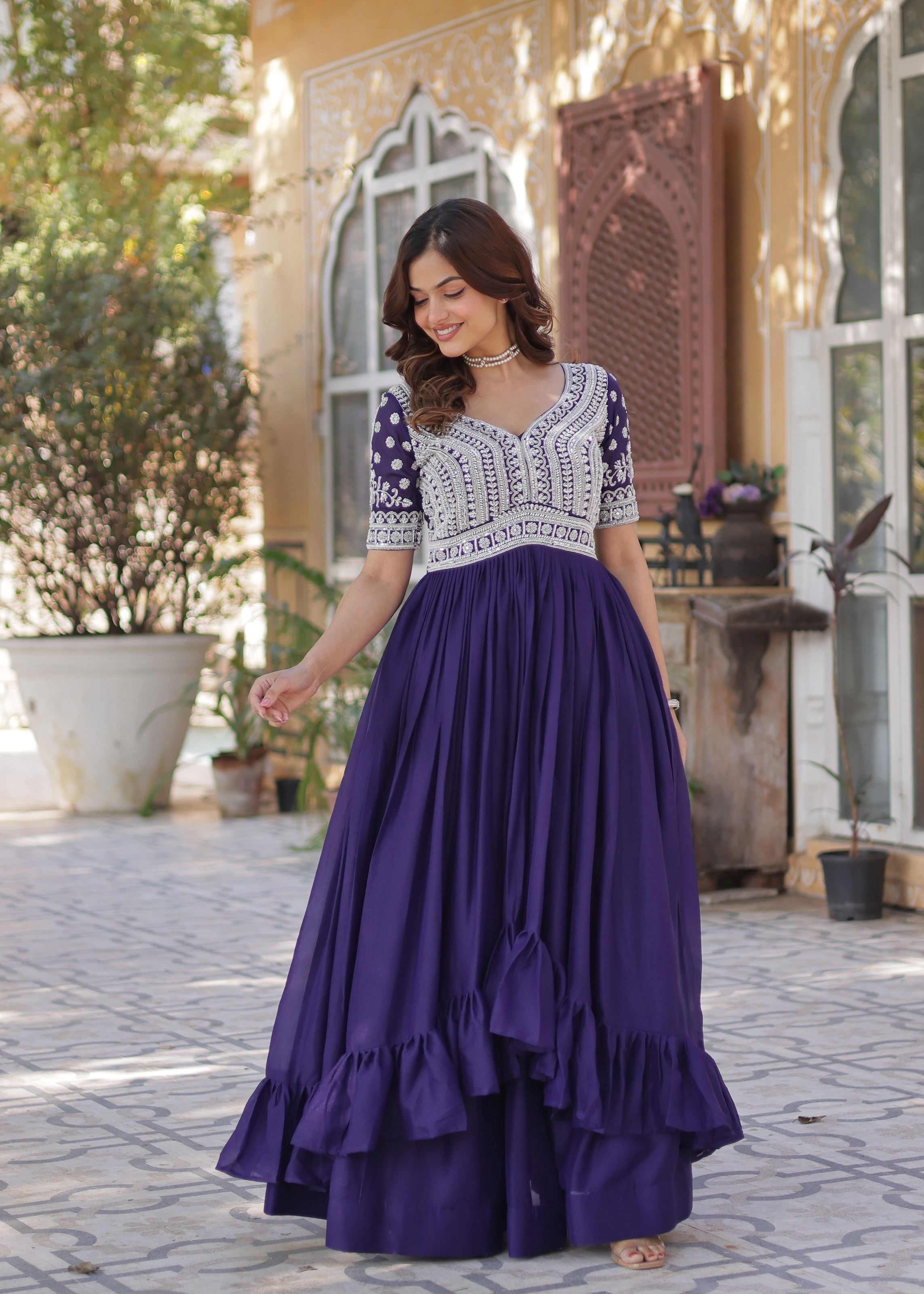Purple Star Georgette Gown With Embroidery Beads Sequins-work