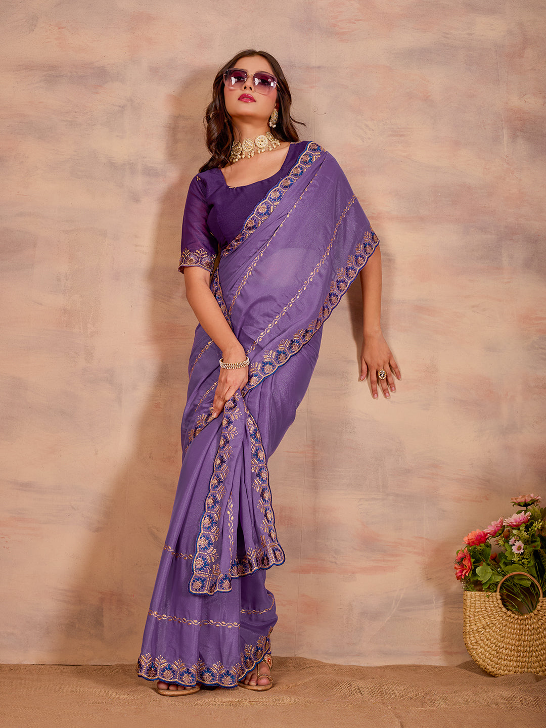 Purple Star Georgette Party Wear Saree With Sequins Work