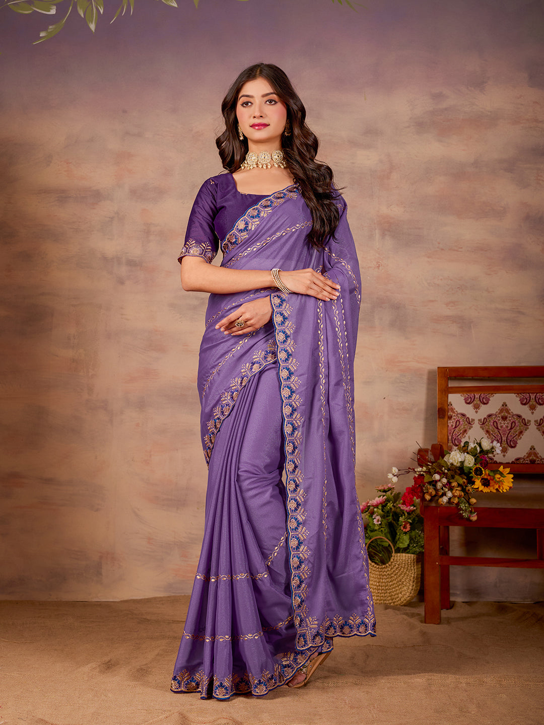 Purple Star Georgette Party Wear Saree With Sequins Work