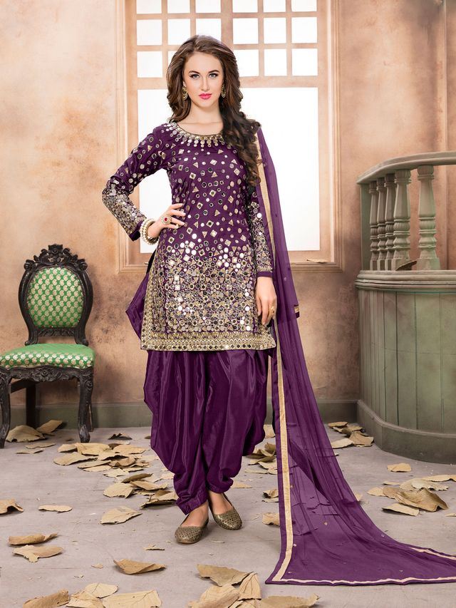 Purple Taffeta Silk embroidered Patiala Suits