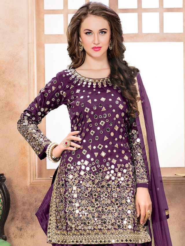 Purple Taffeta Silk embroidered Patiala Suits