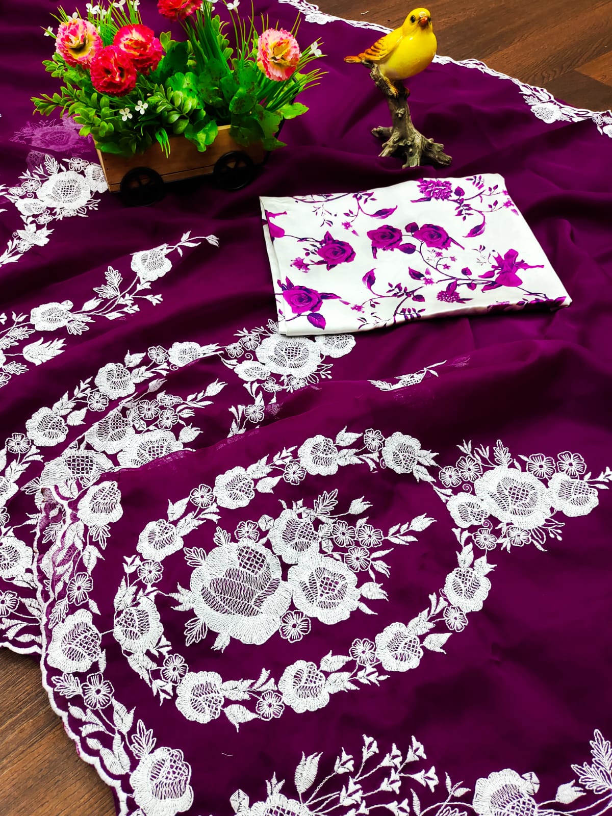 Purple Thai Organza Silk Fancy Thread Embroidery With Cut Dana Work Saree