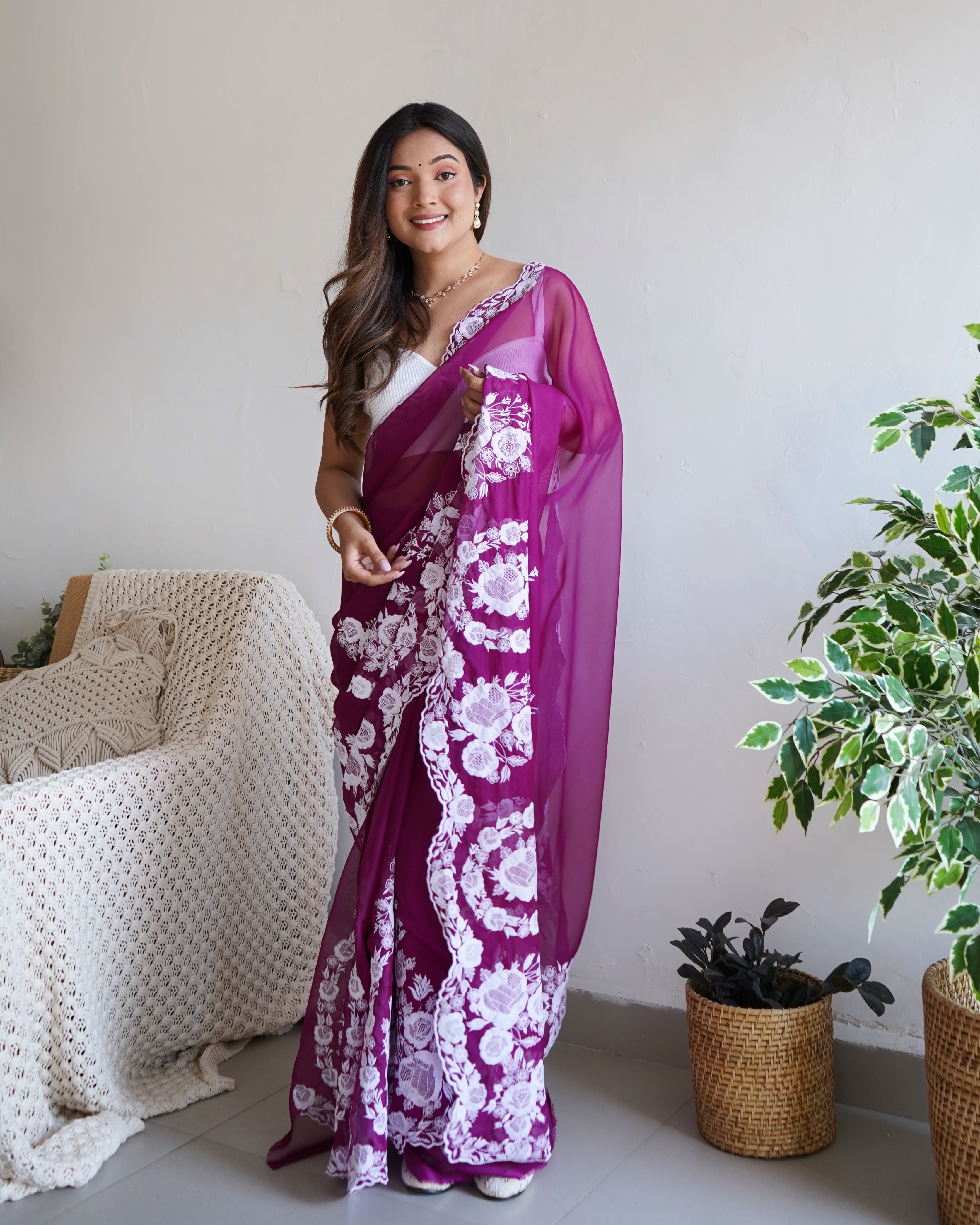 Purple Thai Organza Silk Fancy Thread Embroidery With Cut Dana Work Saree