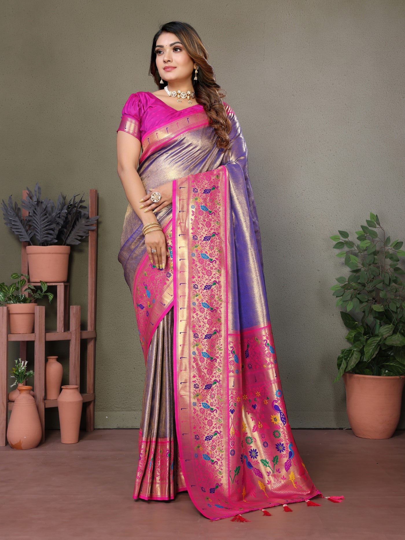 Purple Tissue Silk Saree With Paithani Woven