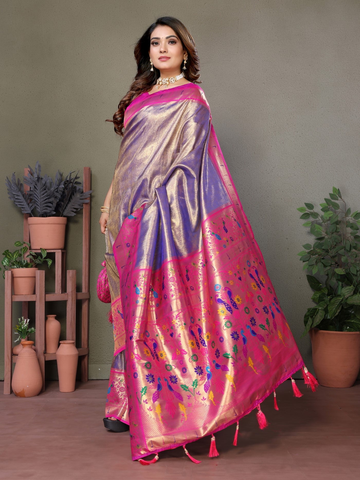 Purple Tissue Silk Saree With Paithani Woven
