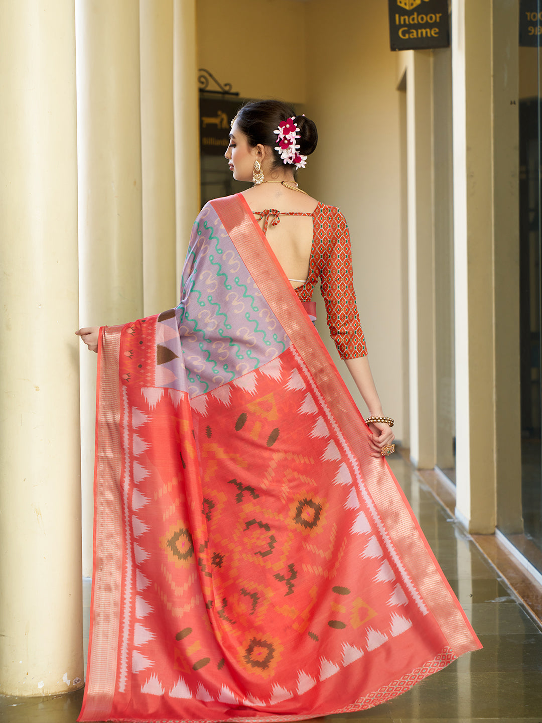 Purple Trendy Crepe Saree With Woven Zari Patta And Designer Print Work