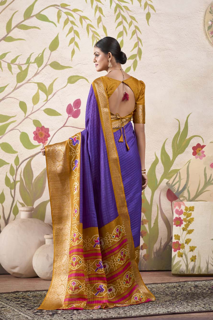 Purple Tussar Chex Saree with Patola Print & Weaving Border
