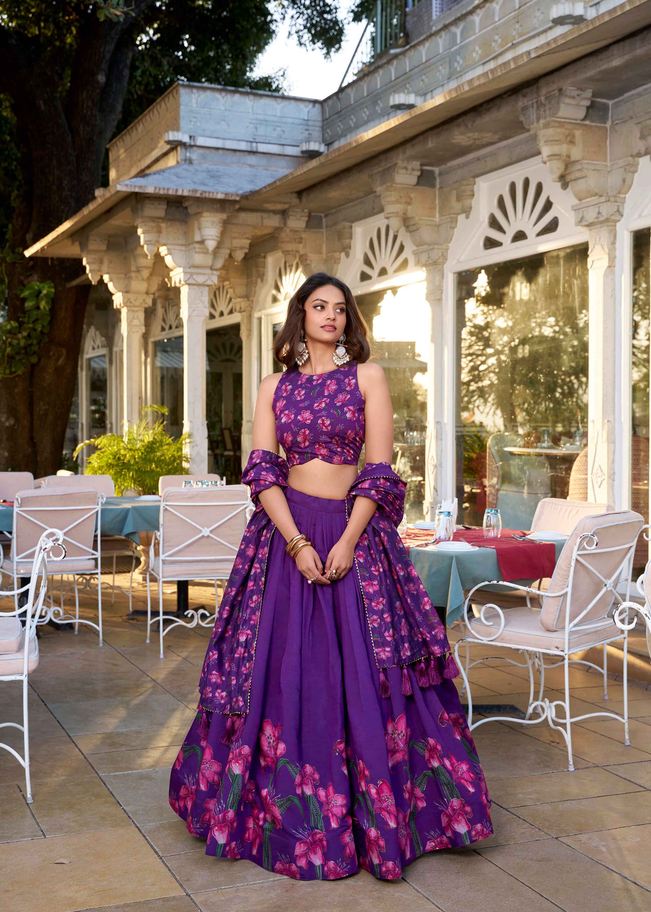 Purple Tussar Silk Lehenga with Floral Print and Foil Work Detailing