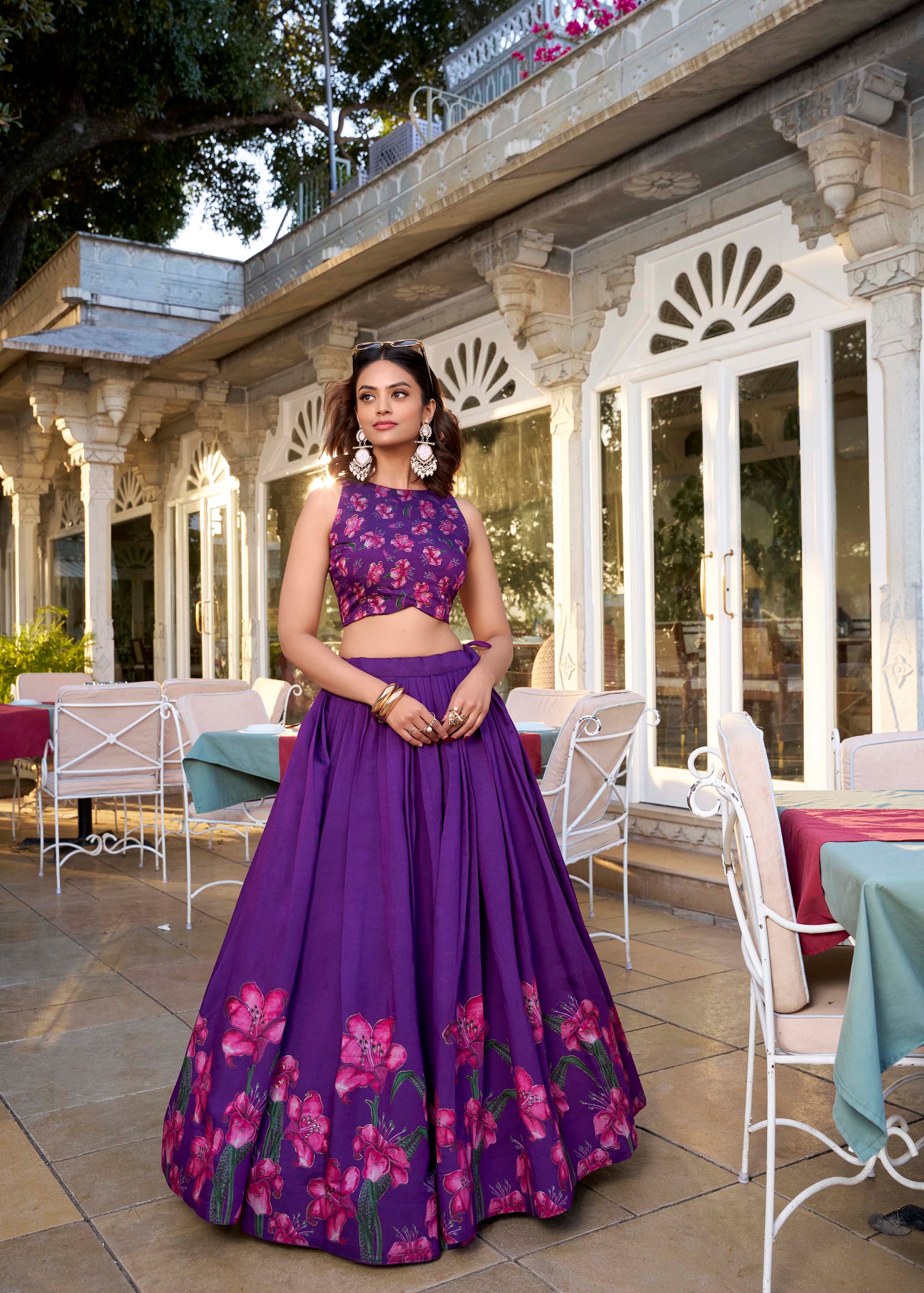 Purple Tussar Silk Lehenga with Floral Print and Foil Work Detailing