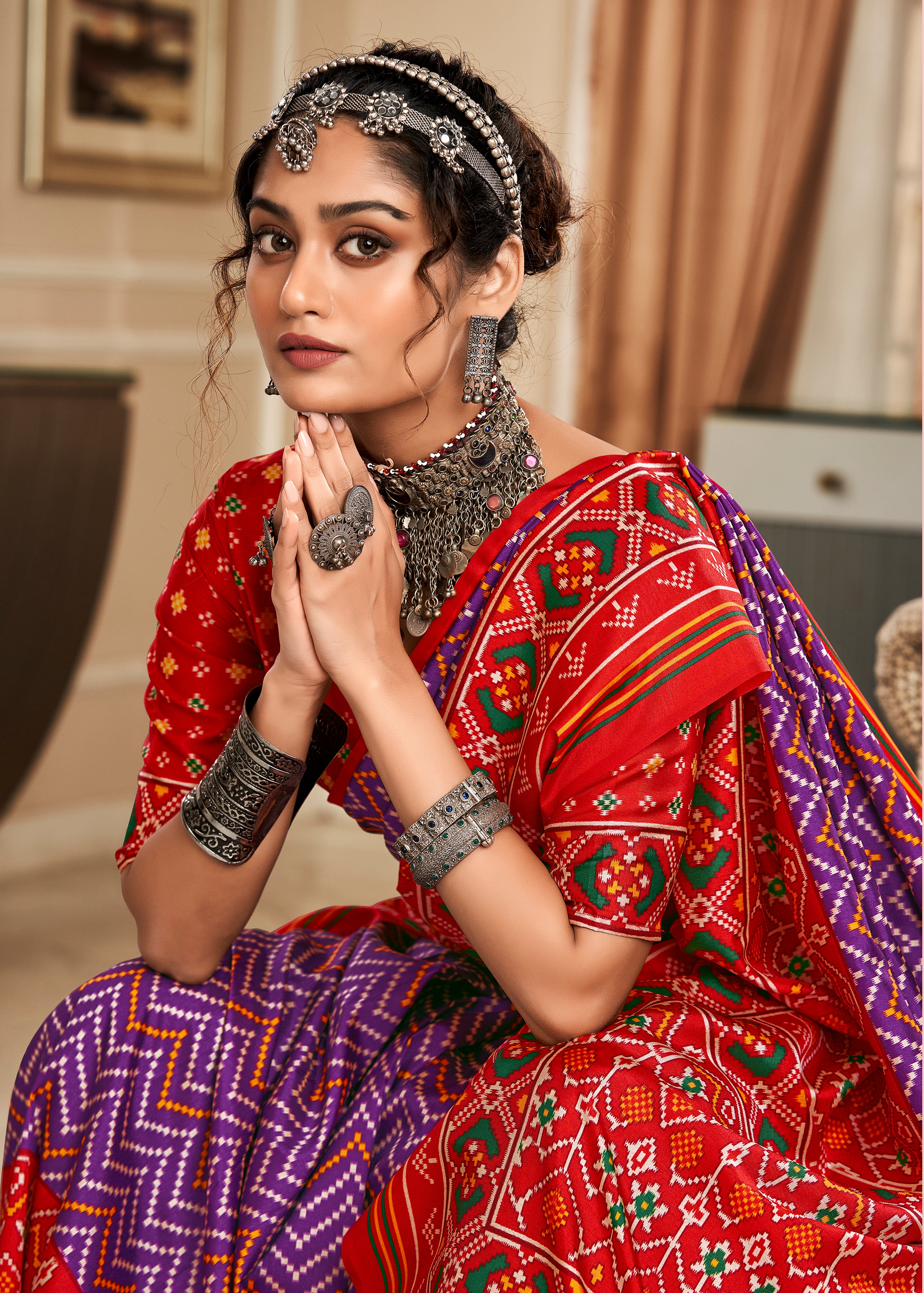 Purple Tussar Silk Saree With  Patola Digital Print with Lagadi Patta Pallu