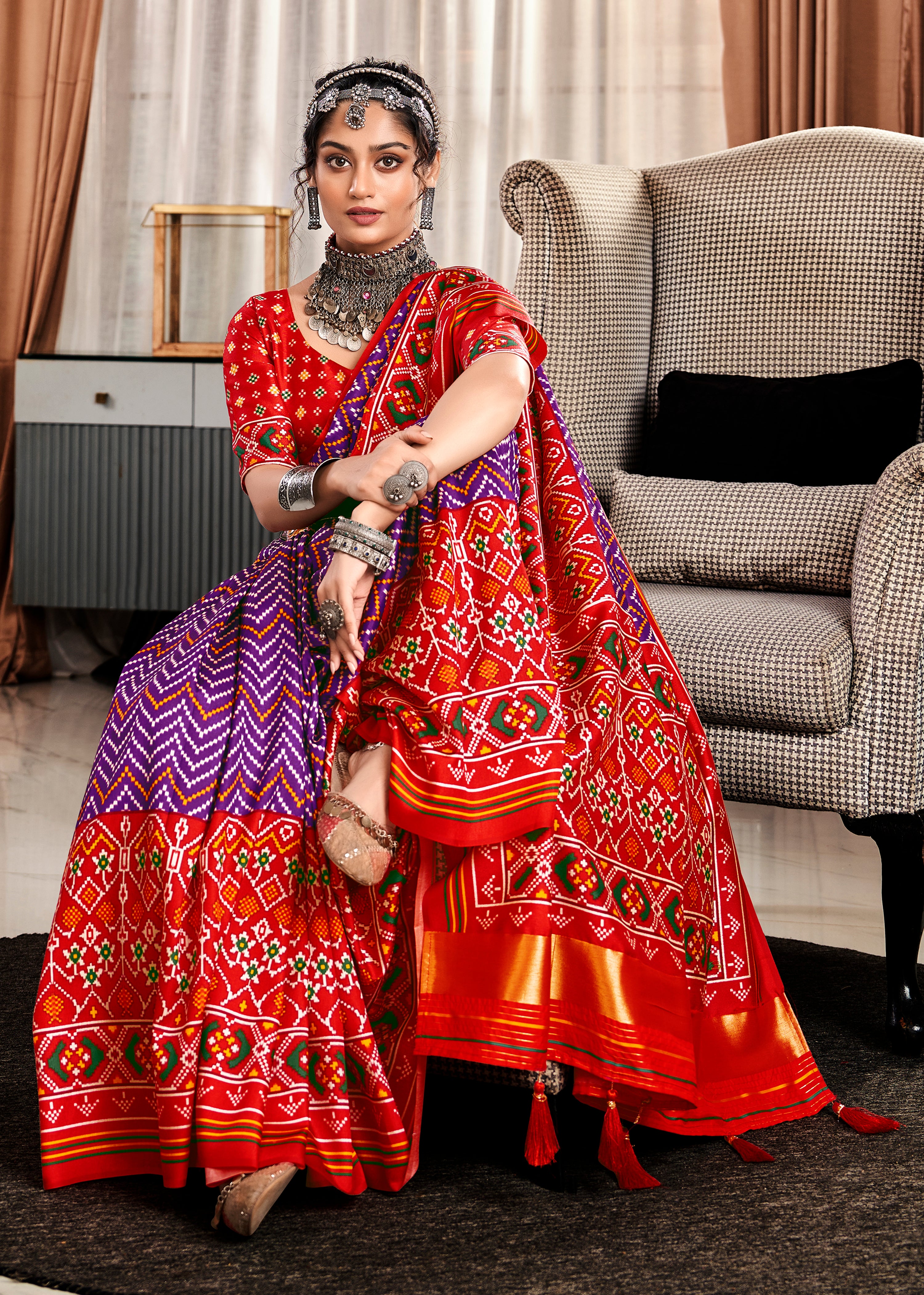 Purple Tussar Silk Saree With  Patola Digital Print with Lagadi Patta Pallu