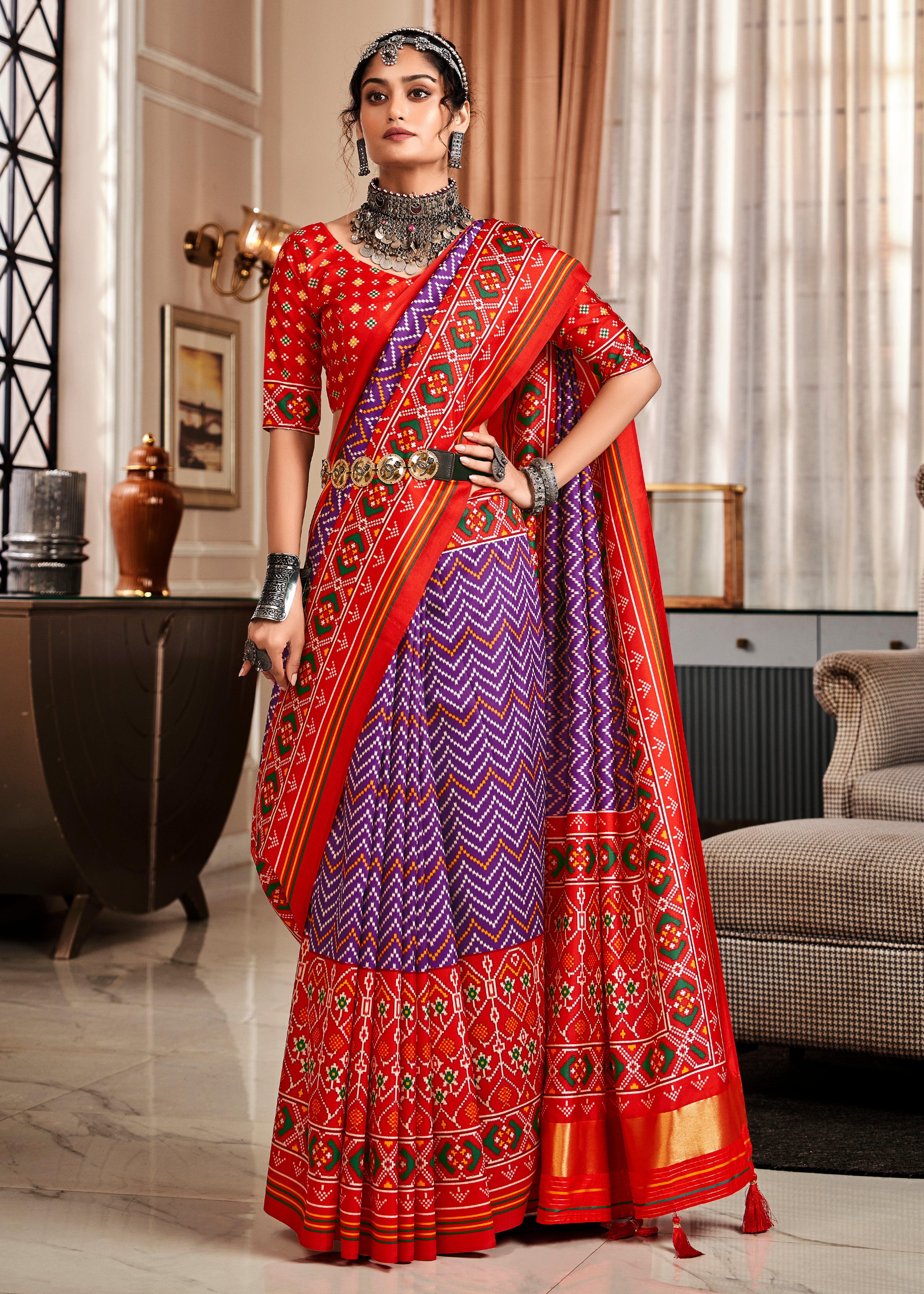 Purple Tussar Silk Saree With  Patola Digital Print with Lagadi Patta Pallu