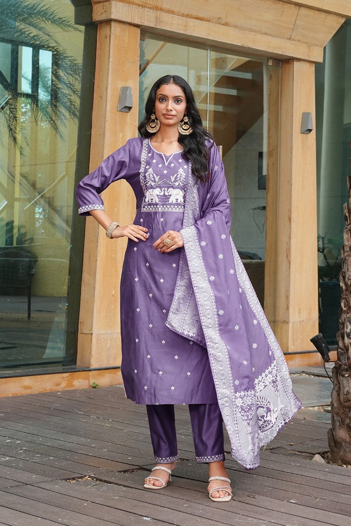 Purple Vatican Designer Suit Set With Handcrafted Embroidery