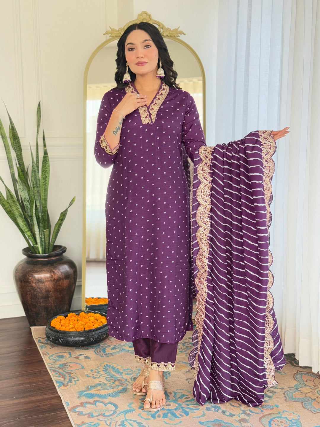 Purple Vichitra Silk Elegant Kurta Pant Set With Embroidery Work