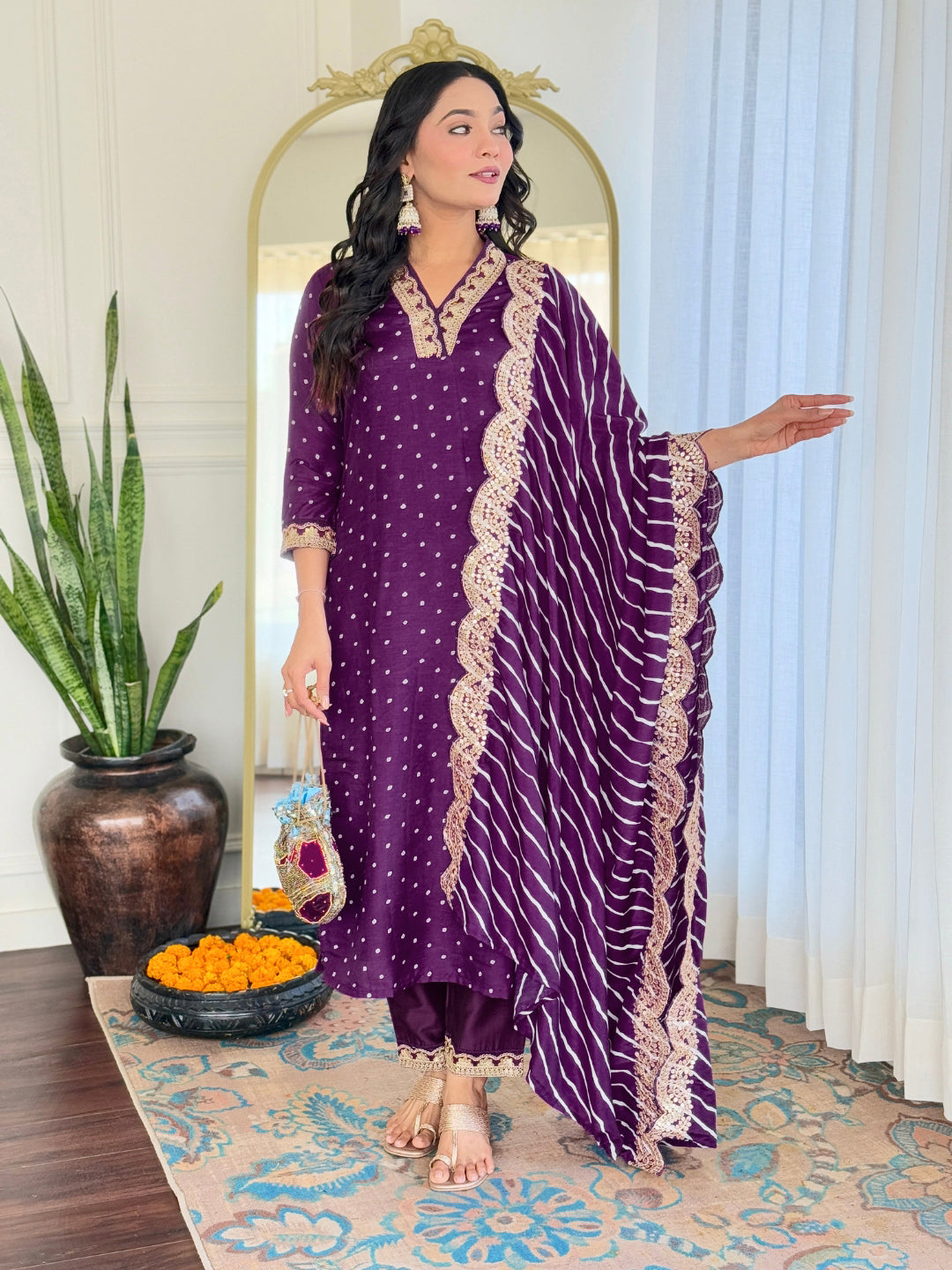 Purple Vichitra Silk Elegant Kurta Pant Set With Embroidery Work