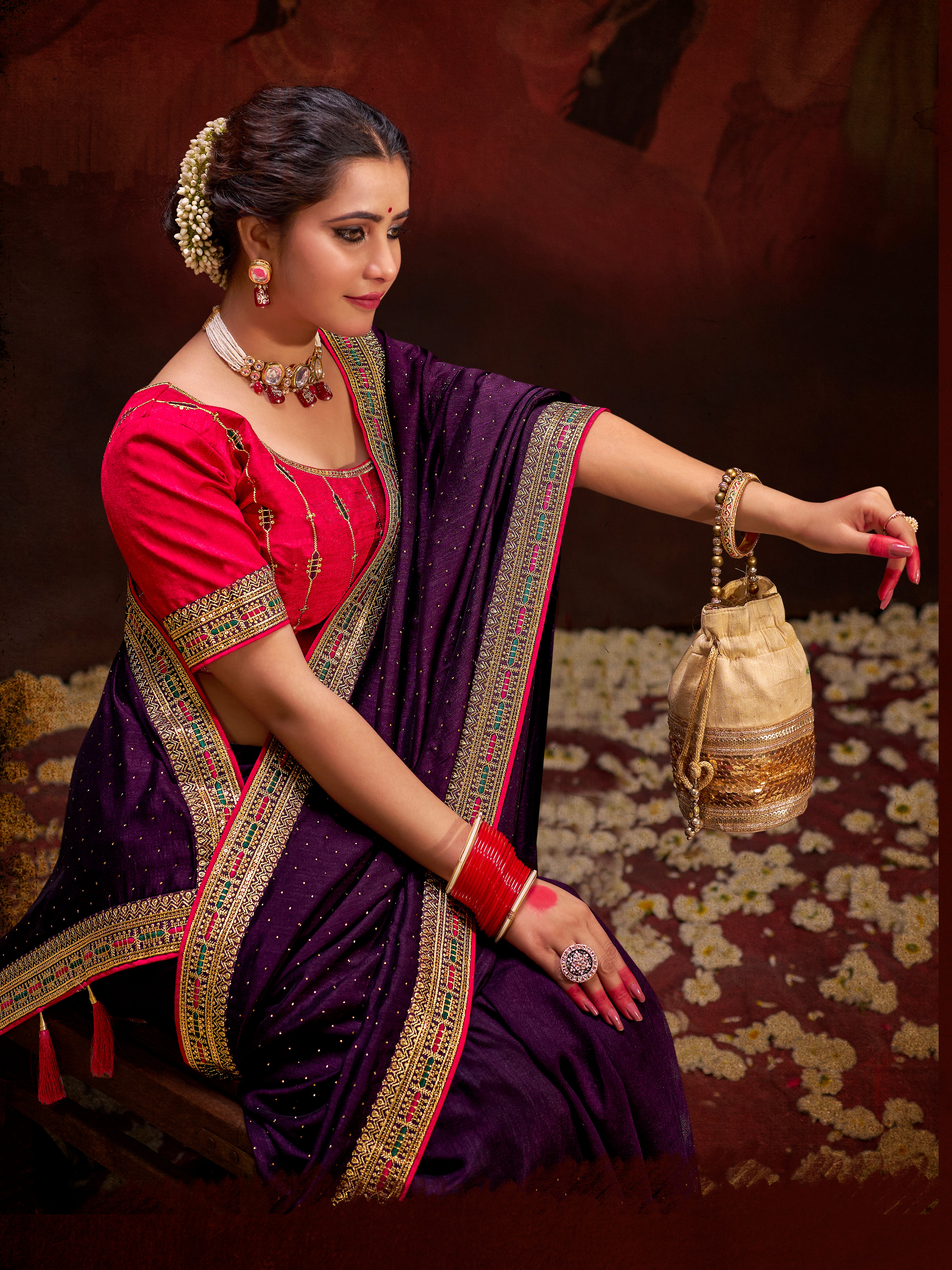 Purple Vichitra Silk Saree With  Heavy Diamond Work and Embroidery  Lace Border