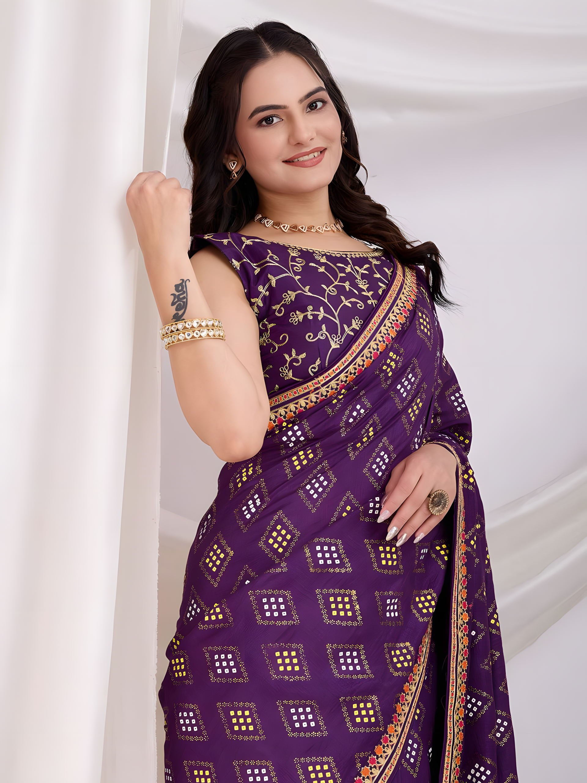 Purple Vichitra silk  Saree with Golden Foil  bandhani print with embroidery work lace