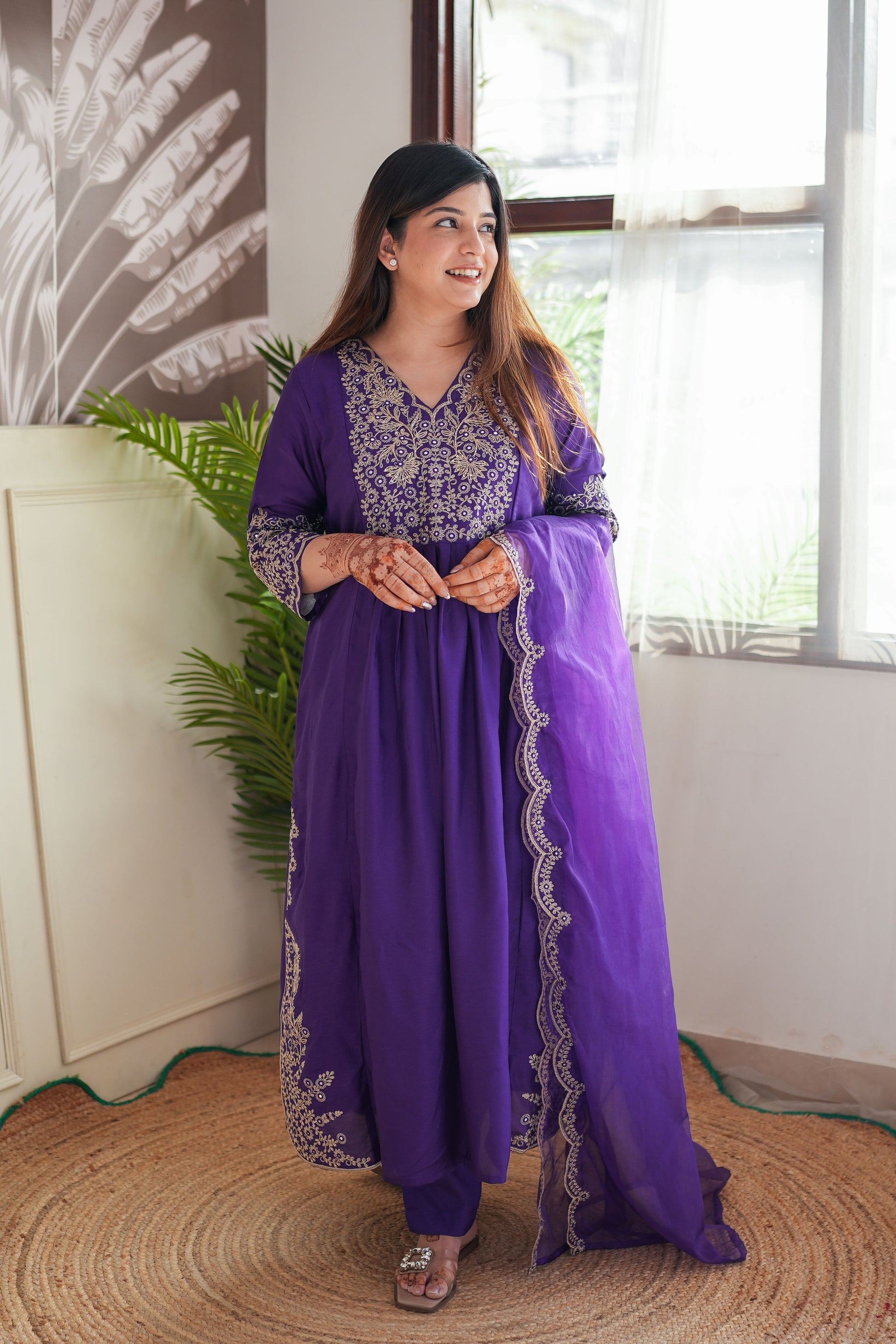 Purple Viscose Chanderi Kurta Pant Set With Embroidery Work