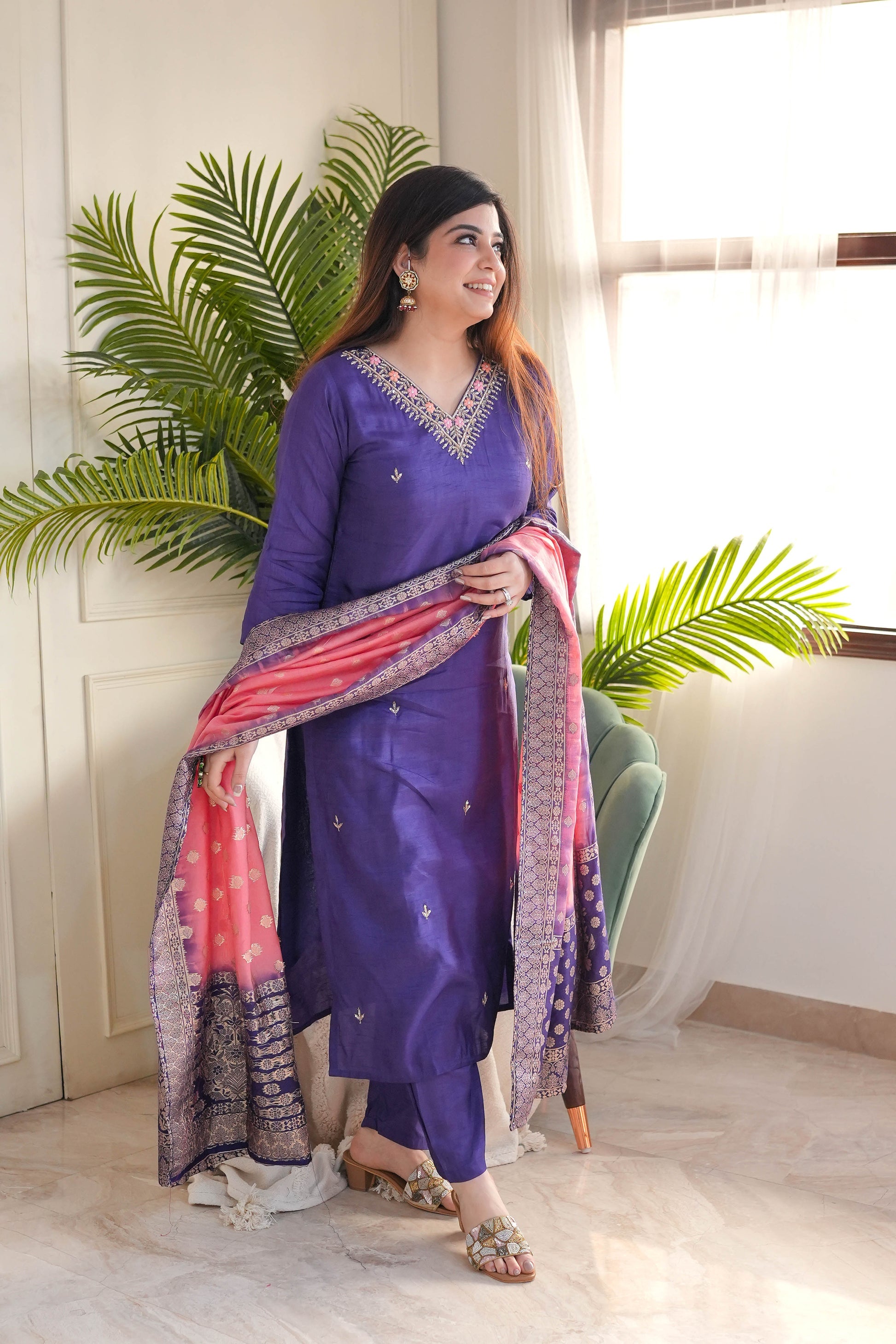 Purple Viscose Chanderi Kurta Pant Set With Heavy Thread Embroidery Work With Jacquard Dupatta