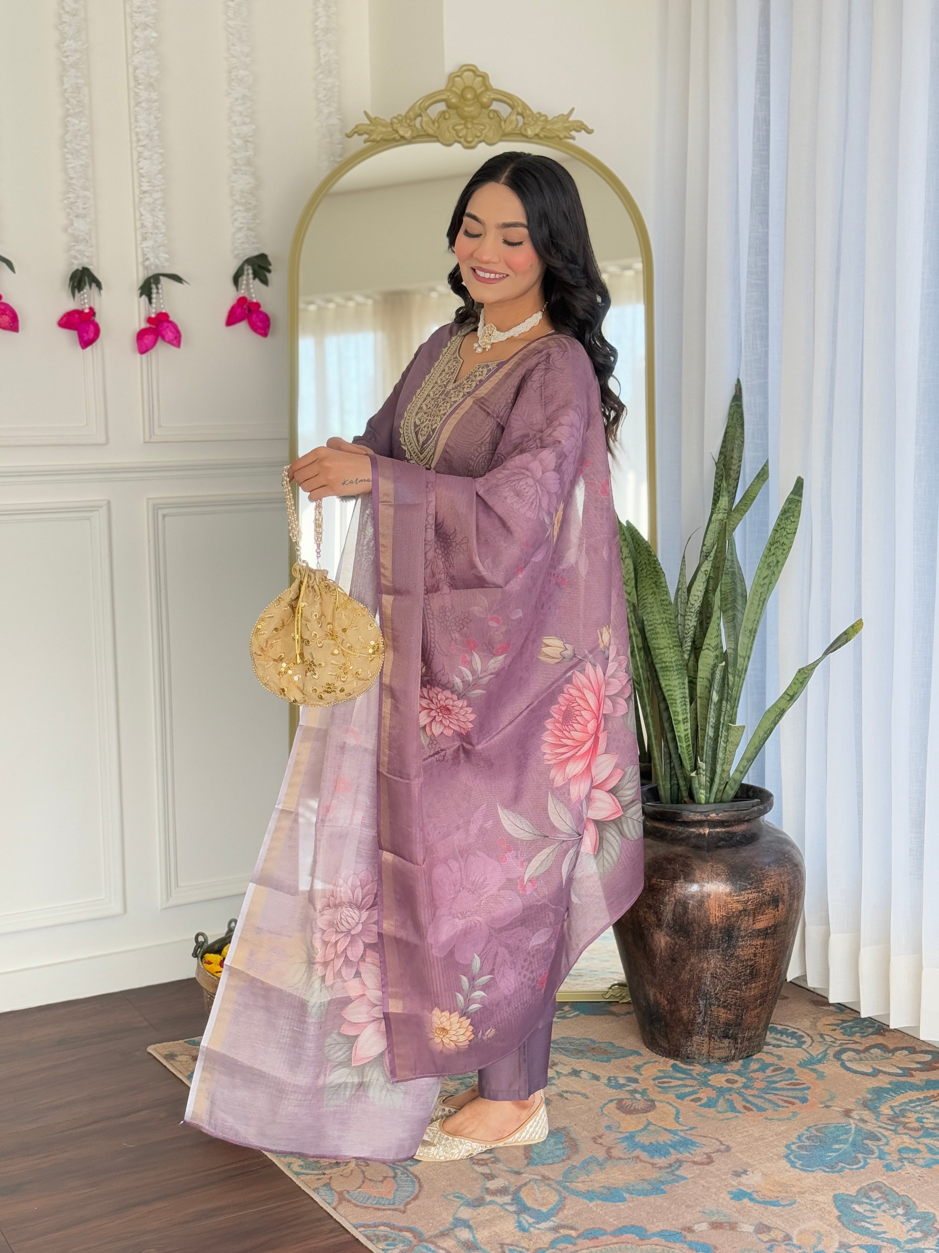 Purple Viscose Elegant Kurta Pant Set With Embroidery Work
