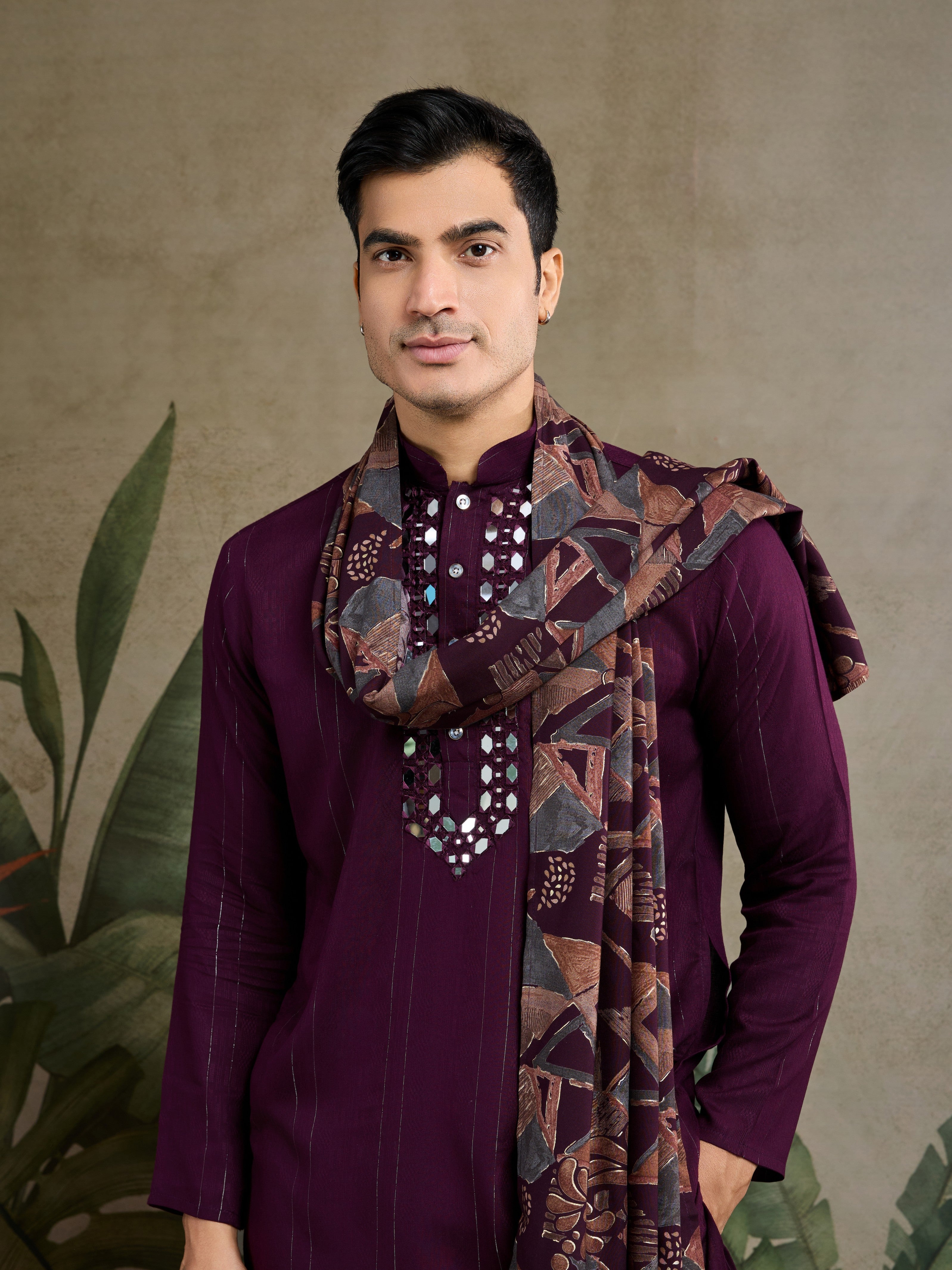 Purple Viscose Ethnic Kurta with Dupatta for Ceremonial Look