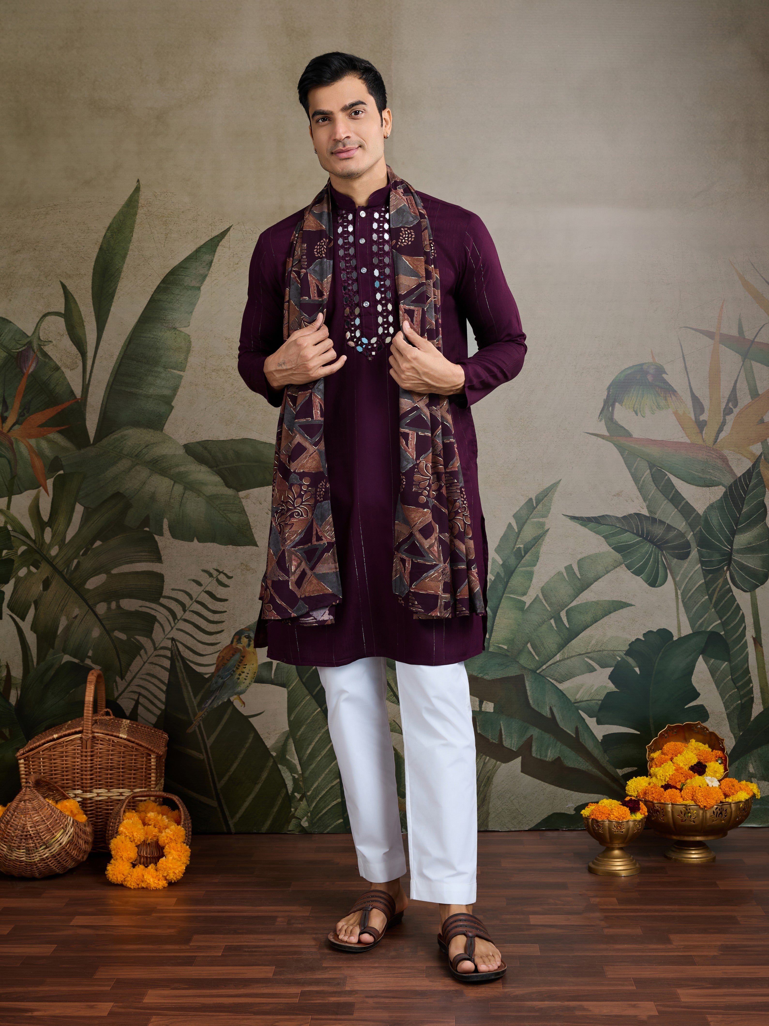 Purple Viscose Ethnic Kurta with Dupatta for Ceremonial Look
