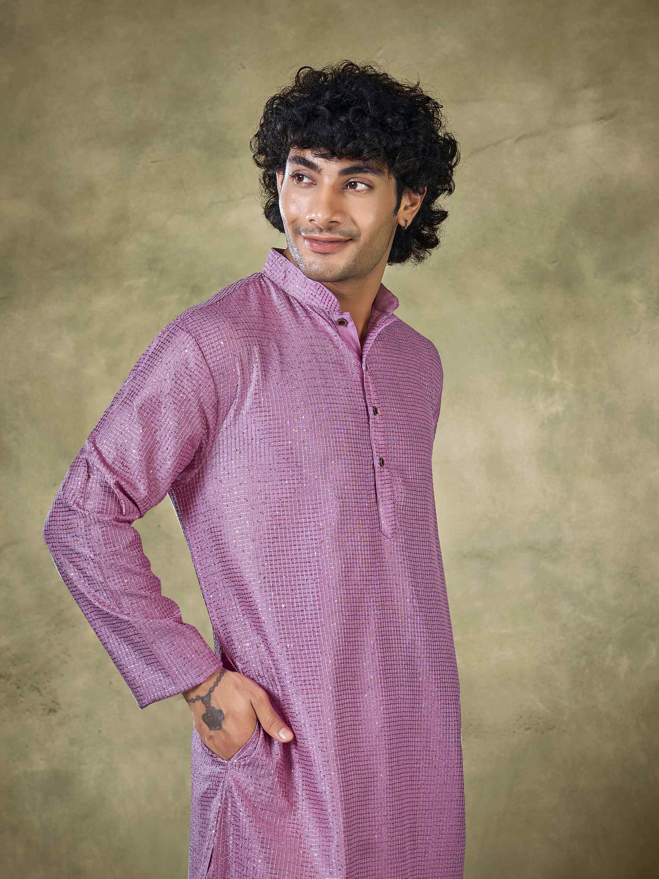 Purple Viscose Kurta Payjama with Sequins Embroidery – Glam Festive Wear