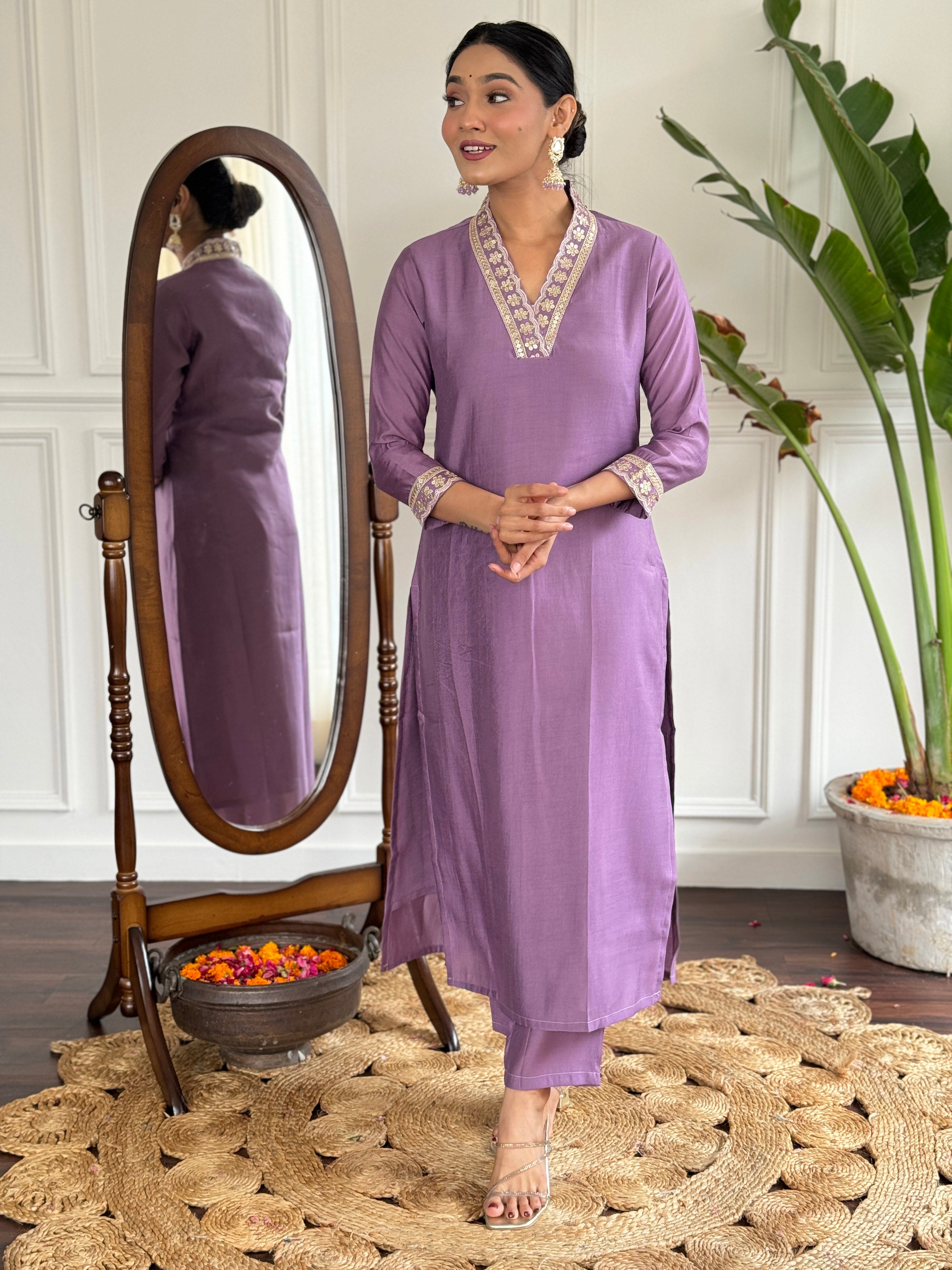 Purple Viscose Silk Elegant Kurta Pant Set With Embroidery Work