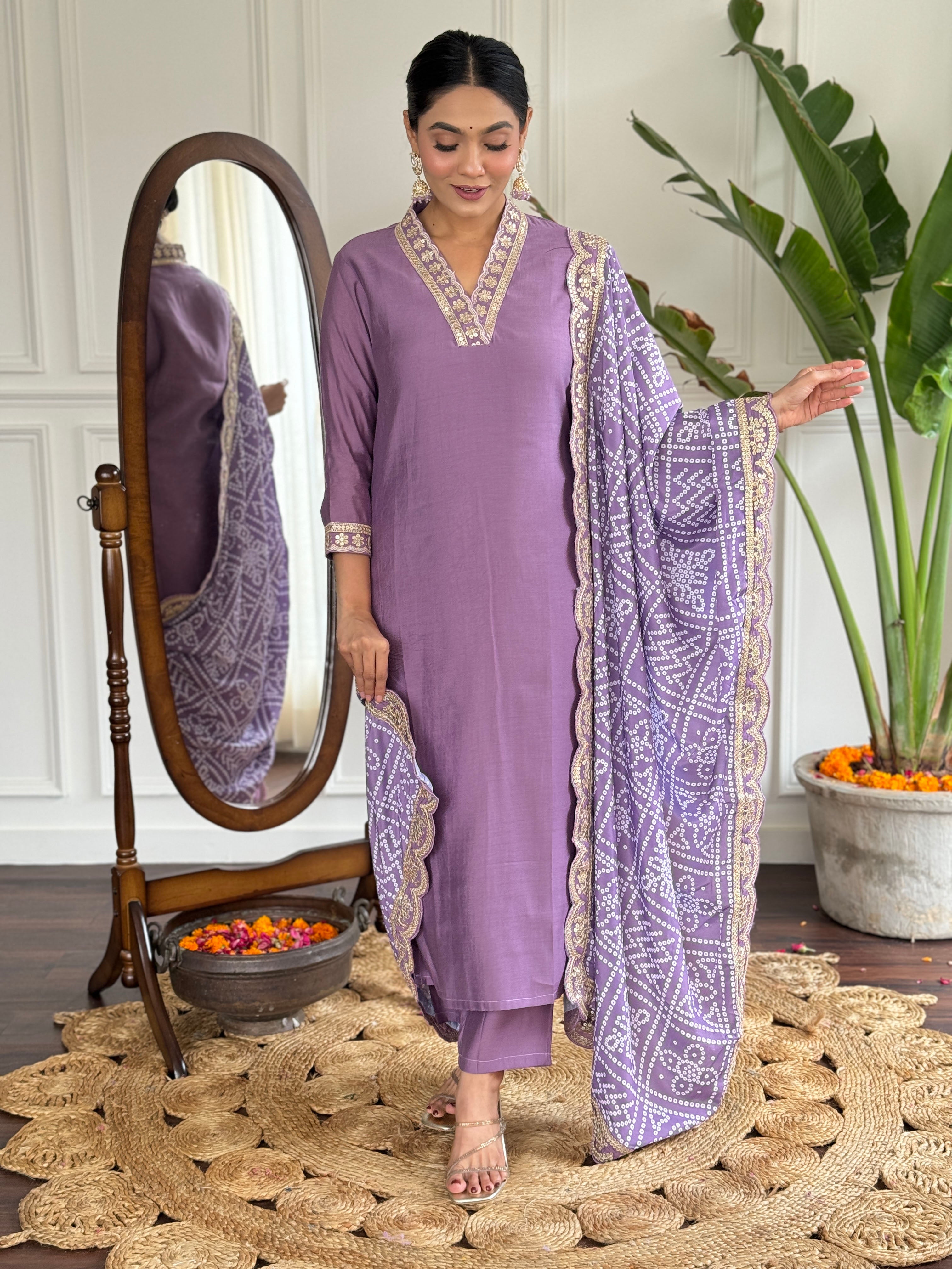 Purple Viscose Silk Elegant Kurta Pant Set With Embroidery Work