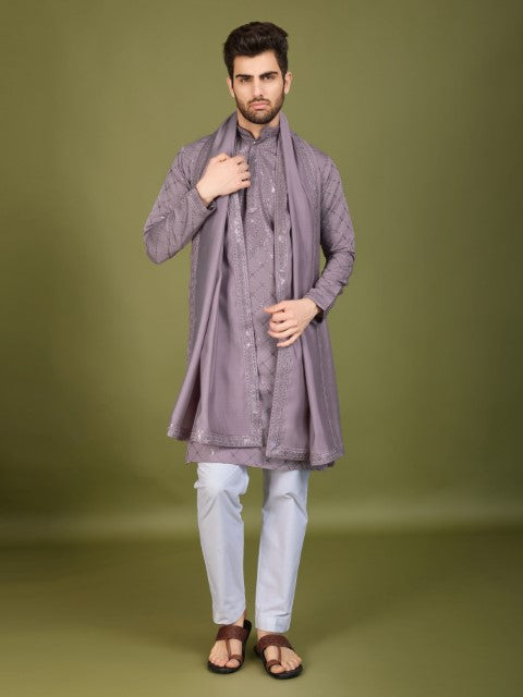 Purple Viscose Silk Thread & Sequins Embroidery Kurta with Dupatta