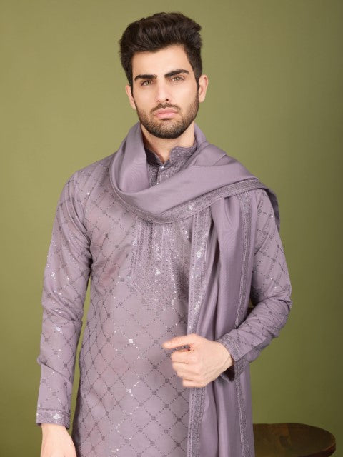 Purple Viscose Silk Thread & Sequins Embroidery Kurta with Dupatta