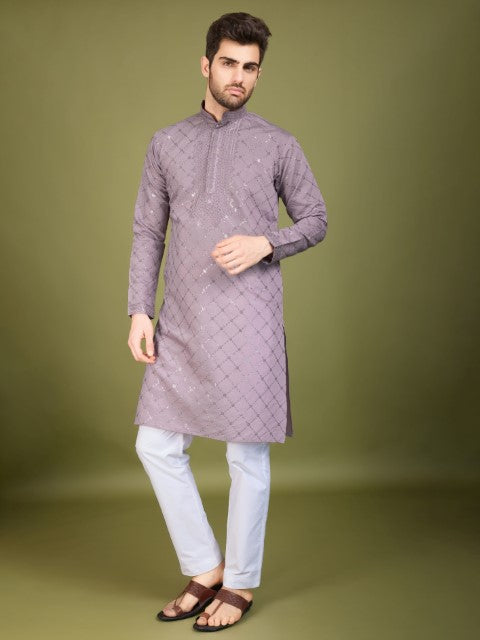 Purple Viscose Silk Thread & Sequins Embroidery Kurta with Dupatta