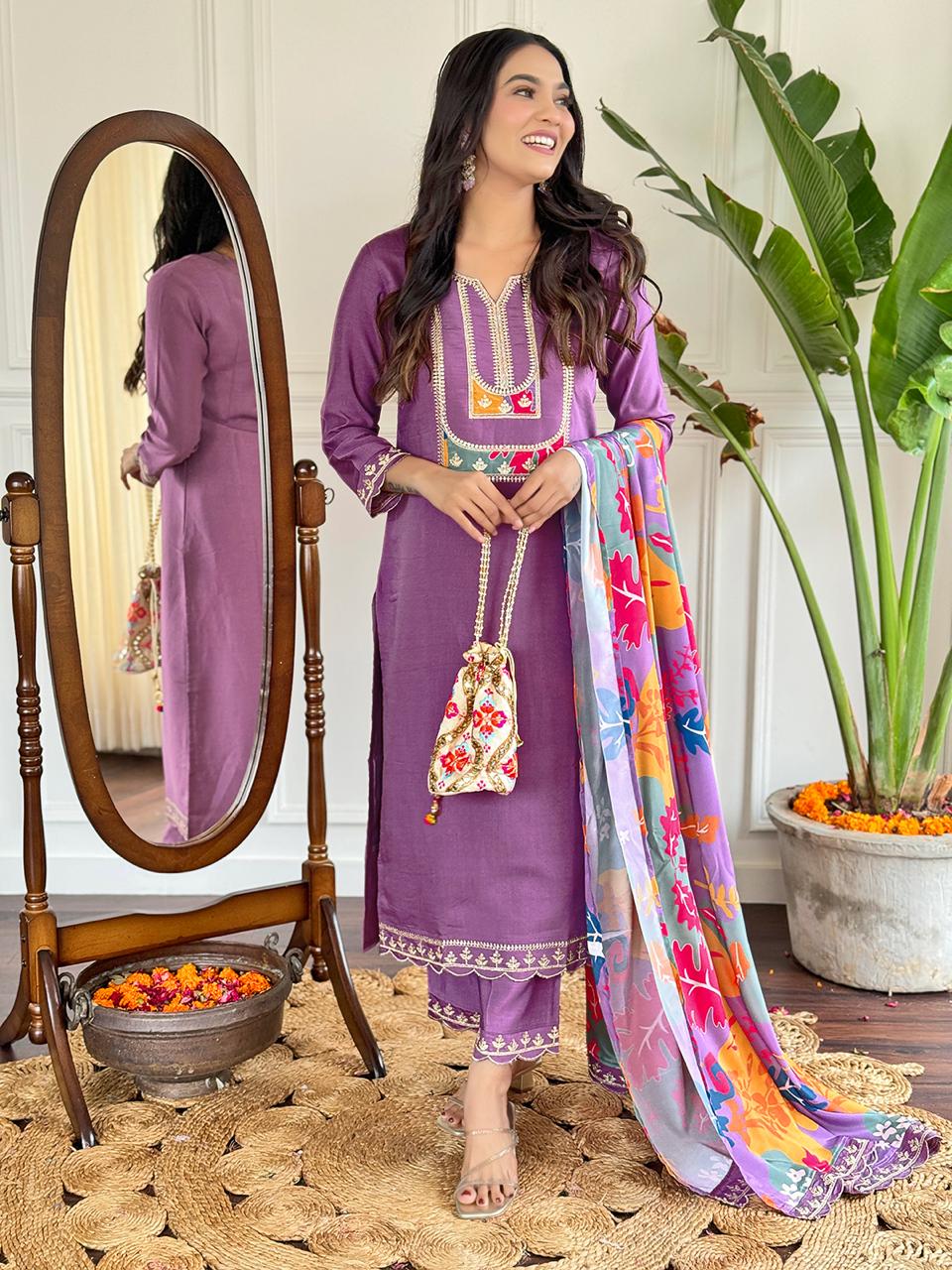 Purple Viscose Slub Kurta Pant With Embroidery Work And Printed Dupatta