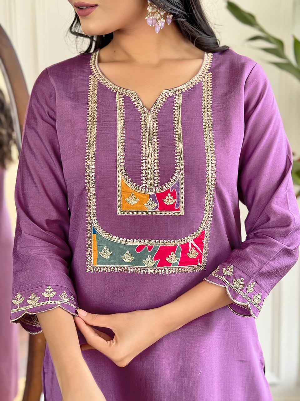 Purple Viscose Slub Kurta Pant With Embroidery Work And Printed Dupatta