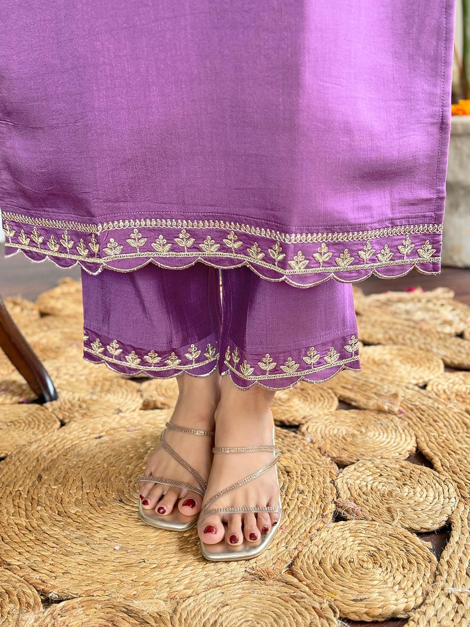 Purple Viscose Slub Kurta Pant With Embroidery Work And Printed Dupatta