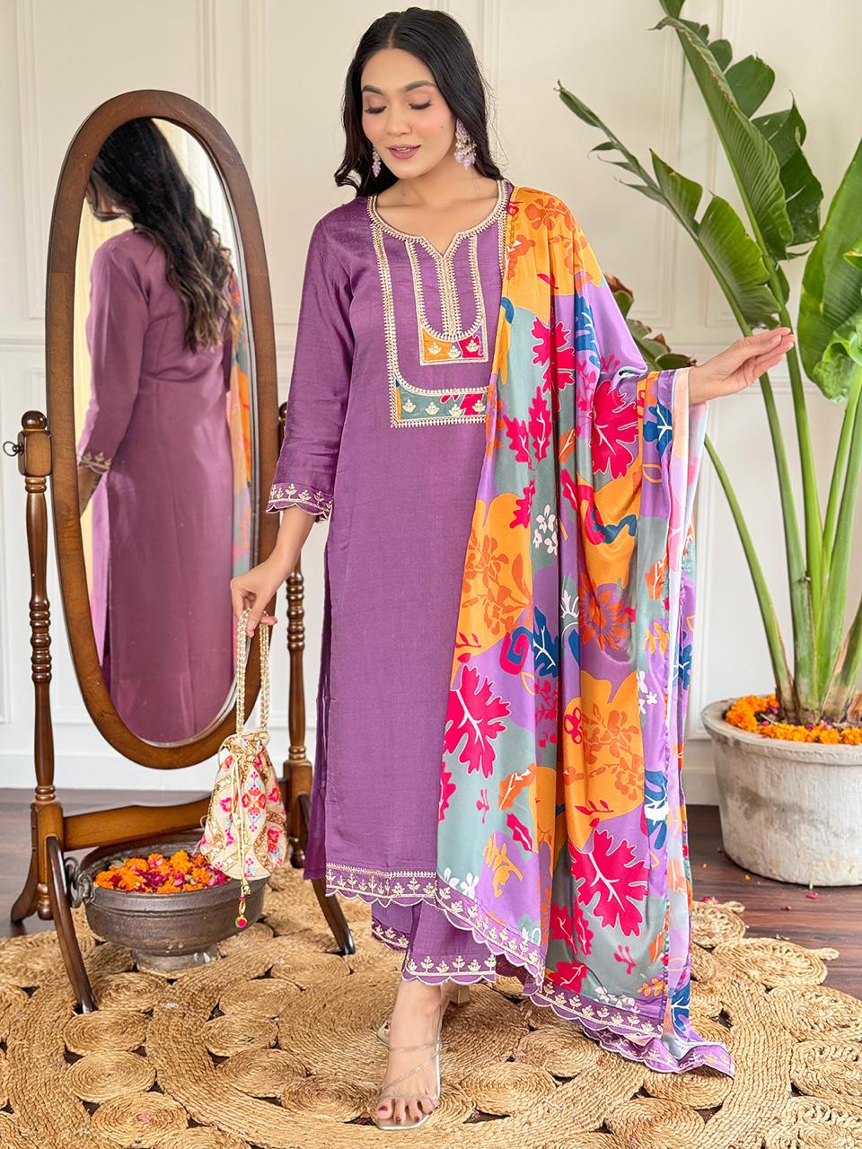 Purple Viscose Slub Kurta Pant With Embroidery Work And Printed Dupatta