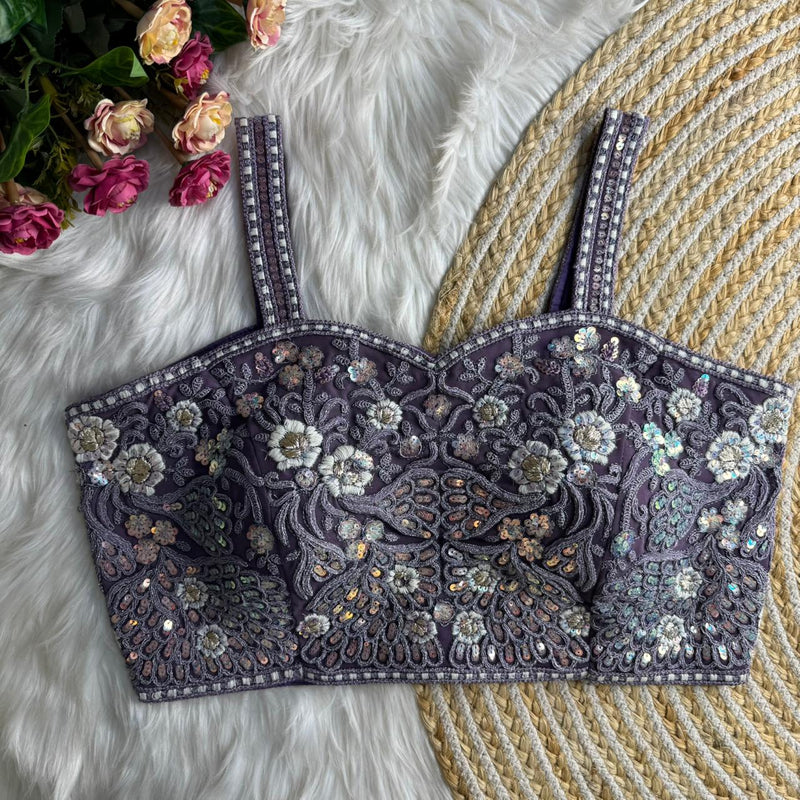 Purple Womens Spaghetti Western Designer Blouse  Fox Georgette Embroidered & Sequins Partywear