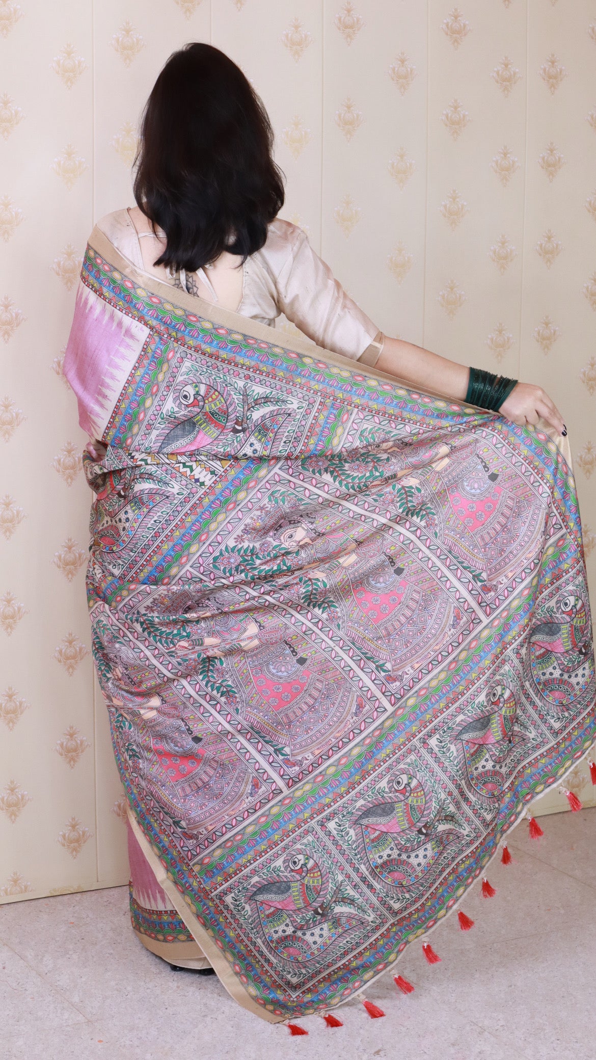 Purple Woven Jari Border Designer Madhubani Digital Printed Ethnic Tussar Silk Saree
