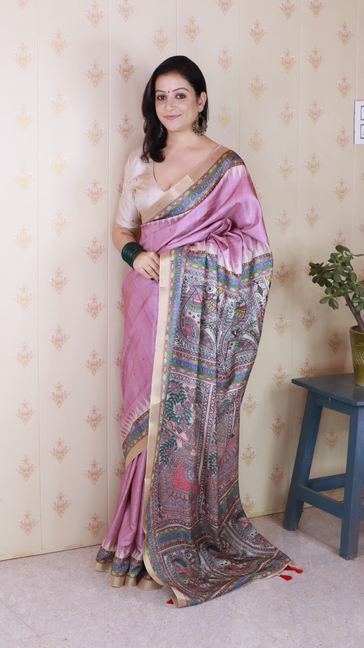 Purple Woven Jari Border Designer Madhubani Digital Printed Ethnic Tussar Silk Saree